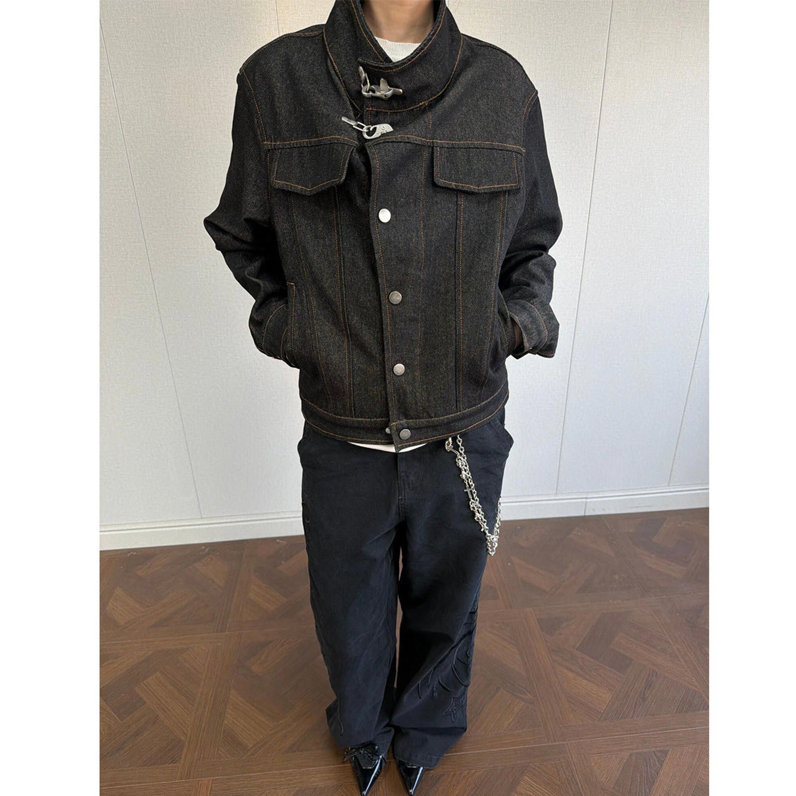 Jean Black Structured Denim Jacket with Fireman Clasp Closure Size US M / EU 48-50 / 2 - 2 Thumbnail
