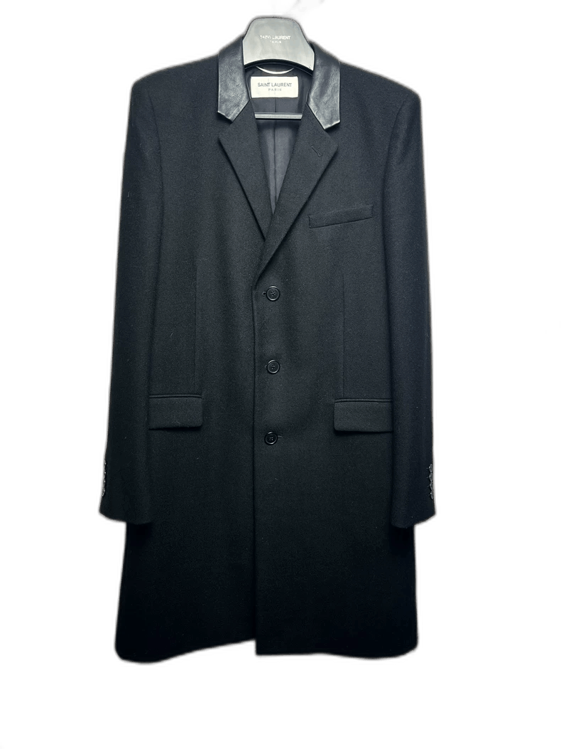 Saint Laurent Black Wool Coat with Leather Collar-2507