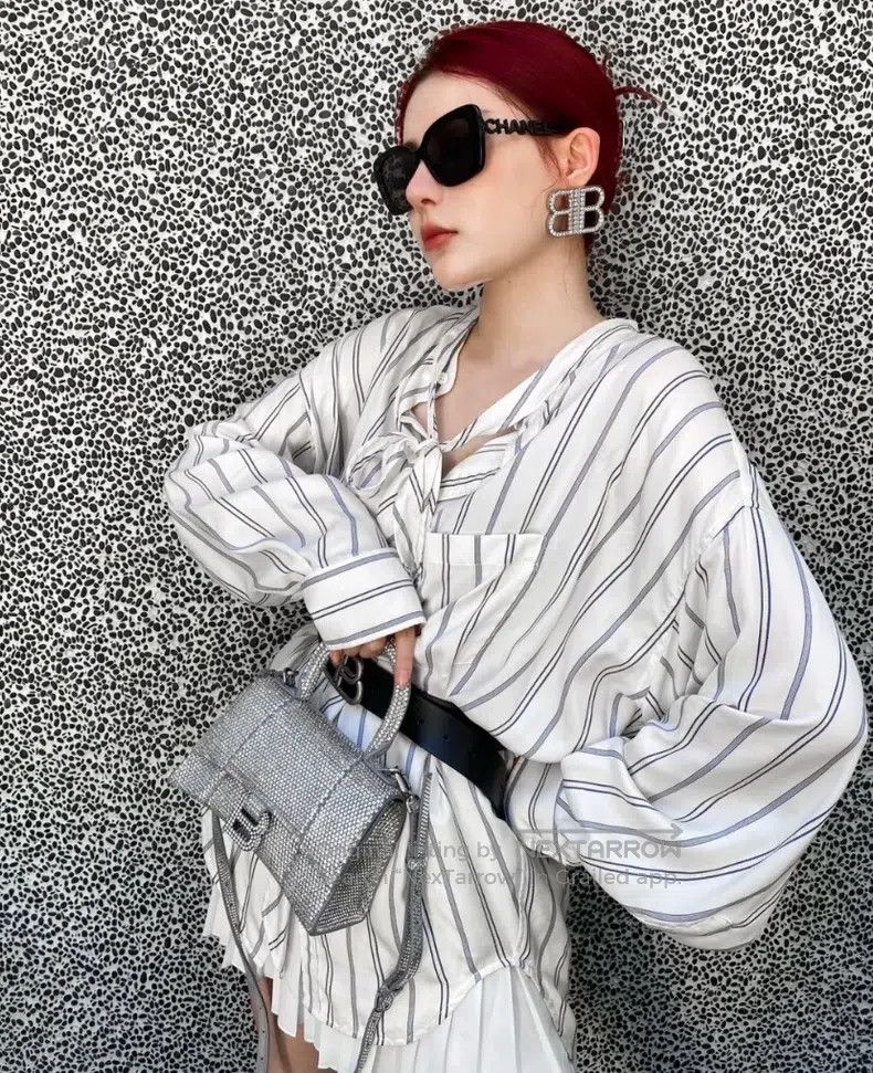 Balenciaga Balenciaga size 38 White Striped Tie Bow Mulberry Silk Lon Size S / US 4 / IT 40 - 8 Thumbnail