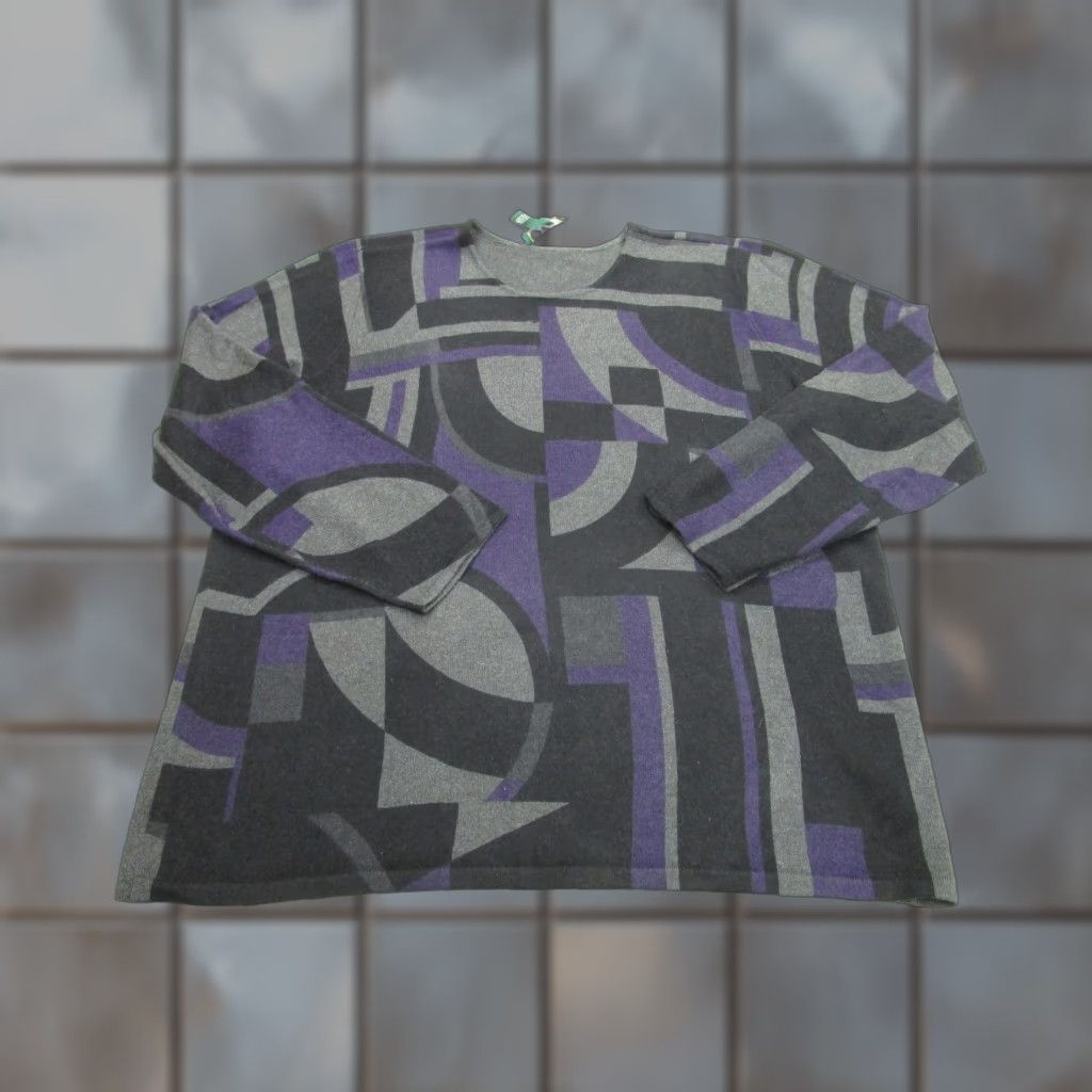 VINTAGE LRL Ralph Lauren Sweater Womens 2X Black Purple Geometric Silk Cashmere Knit 90s