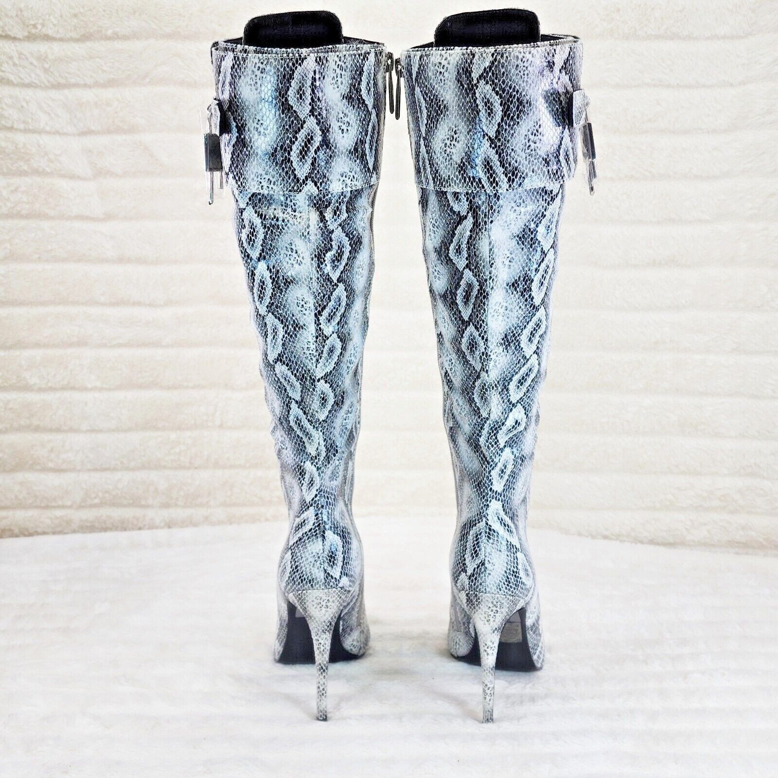 Other Pearl Snake Print High Heel Knee Boots Pad Lock Brand New (U Size US 8 / IT 38 - 2 Thumbnail