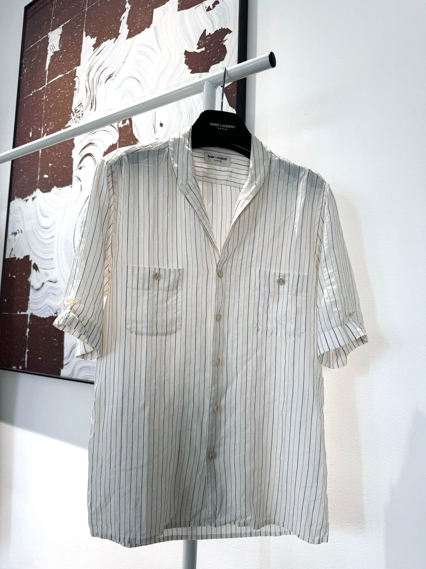 Saint Laurent Paris SLP 20SS Silk-Blend Striped Short-Sleeve Shirt 37 XS Size US XS / EU 42 / 0 - 1 Thumbnail