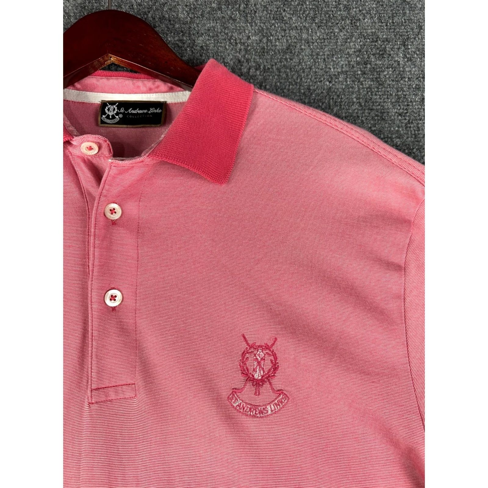 Vintage St Andrews Links Polo Shirt Mens L Pink Stripe Logo Short Sleeve Golf Shirt Size US L / EU 52-54 / 3 - 3 Thumbnail