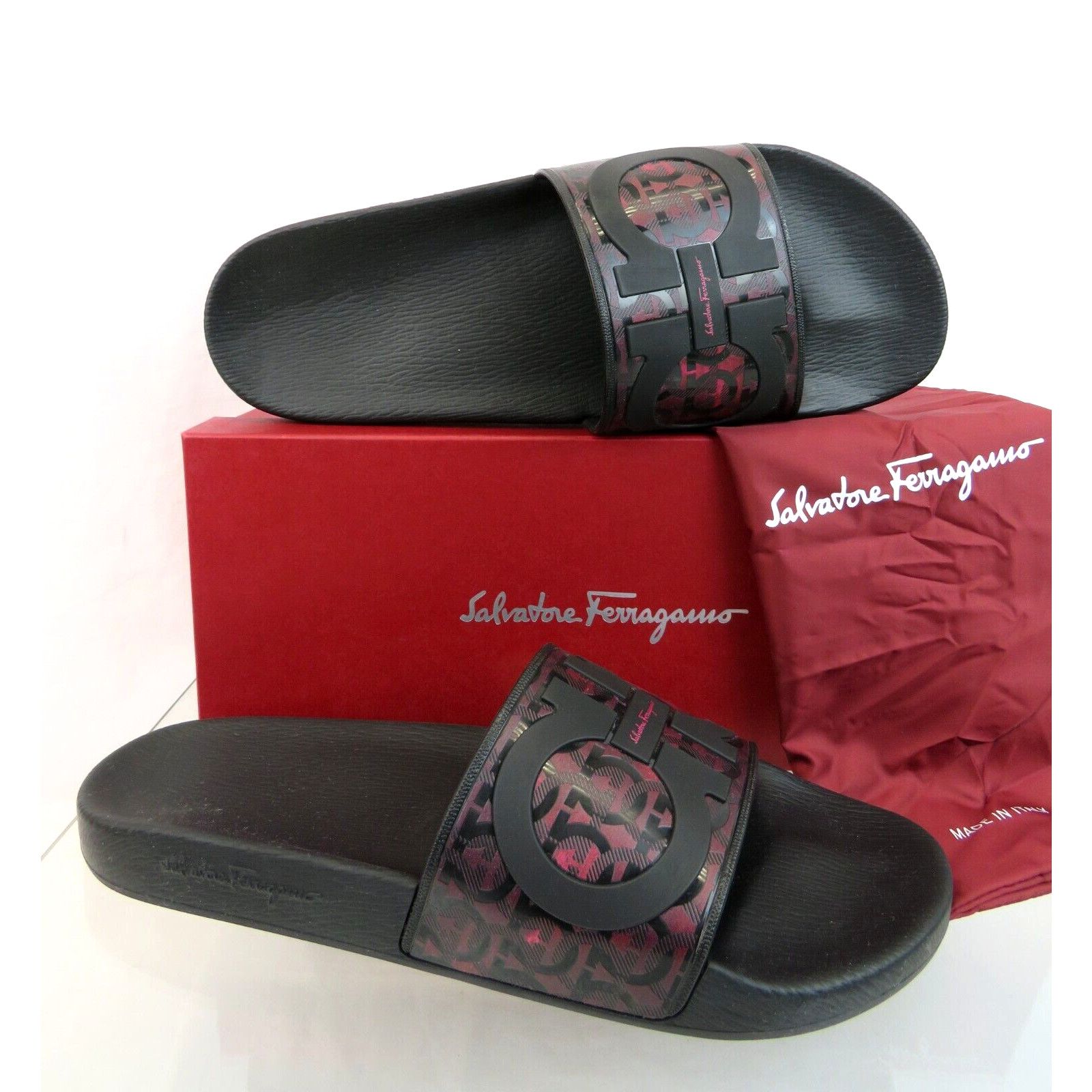 image of Salvatore Ferragamo Groove 16 Red Black Rubber Gancini Logo Sandals Slides 12 M, Men's