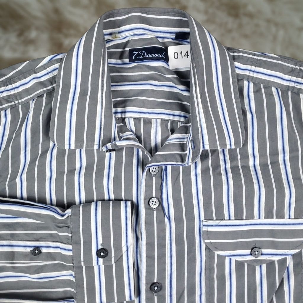 Vintage 7 Diamonds Shirt Mens Long Sleeve Button-Up Striped Gray Blue Cotton M Casual Preppy Classic Size US M / EU 48-50 / 2 - 1 Thumbnail