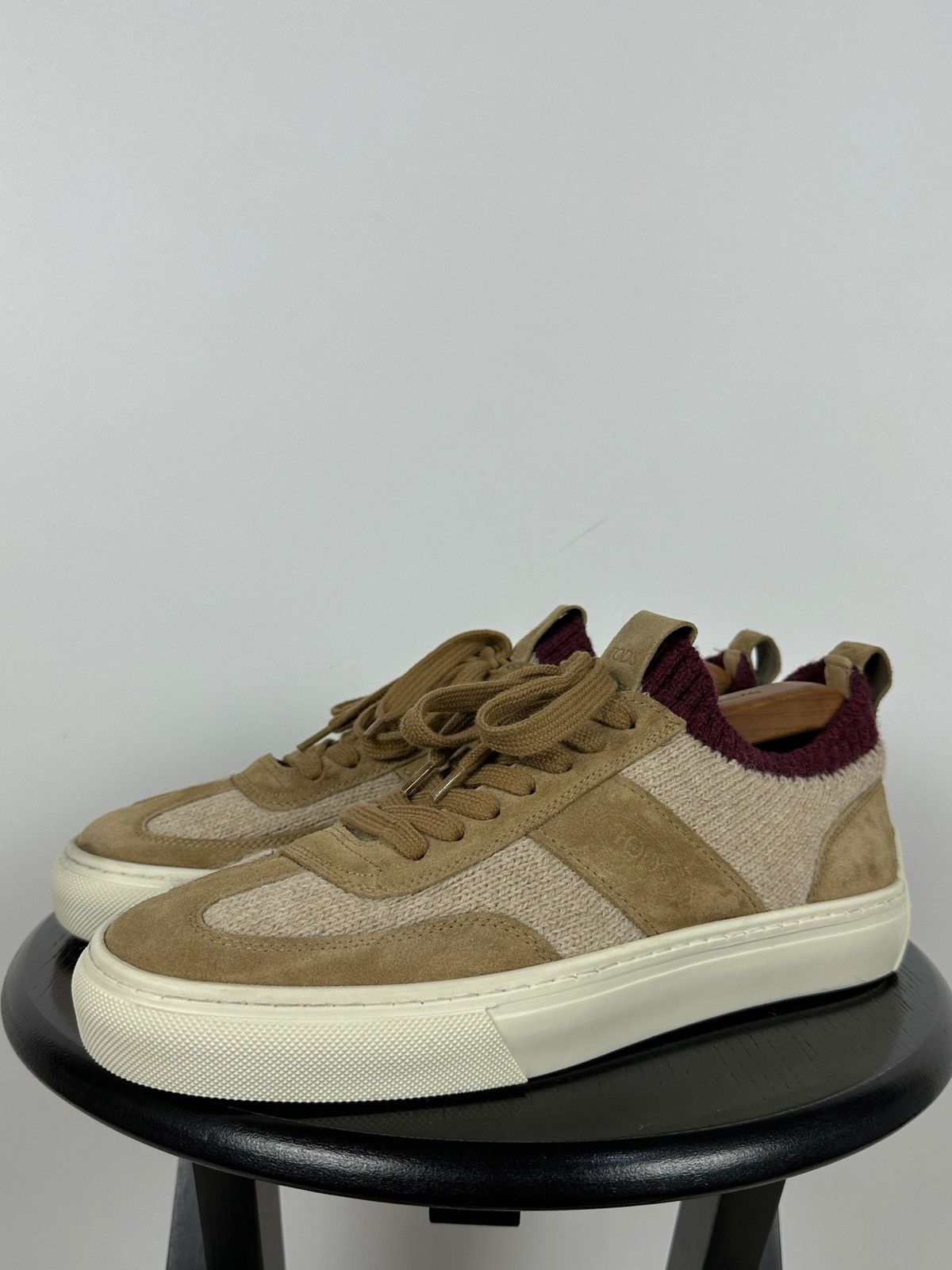 Tod's Tod’s Knit Suede Beige/Burgundy Low Top Lace Up Sneakers Size US 9 / EU 42 - 11 Thumbnail