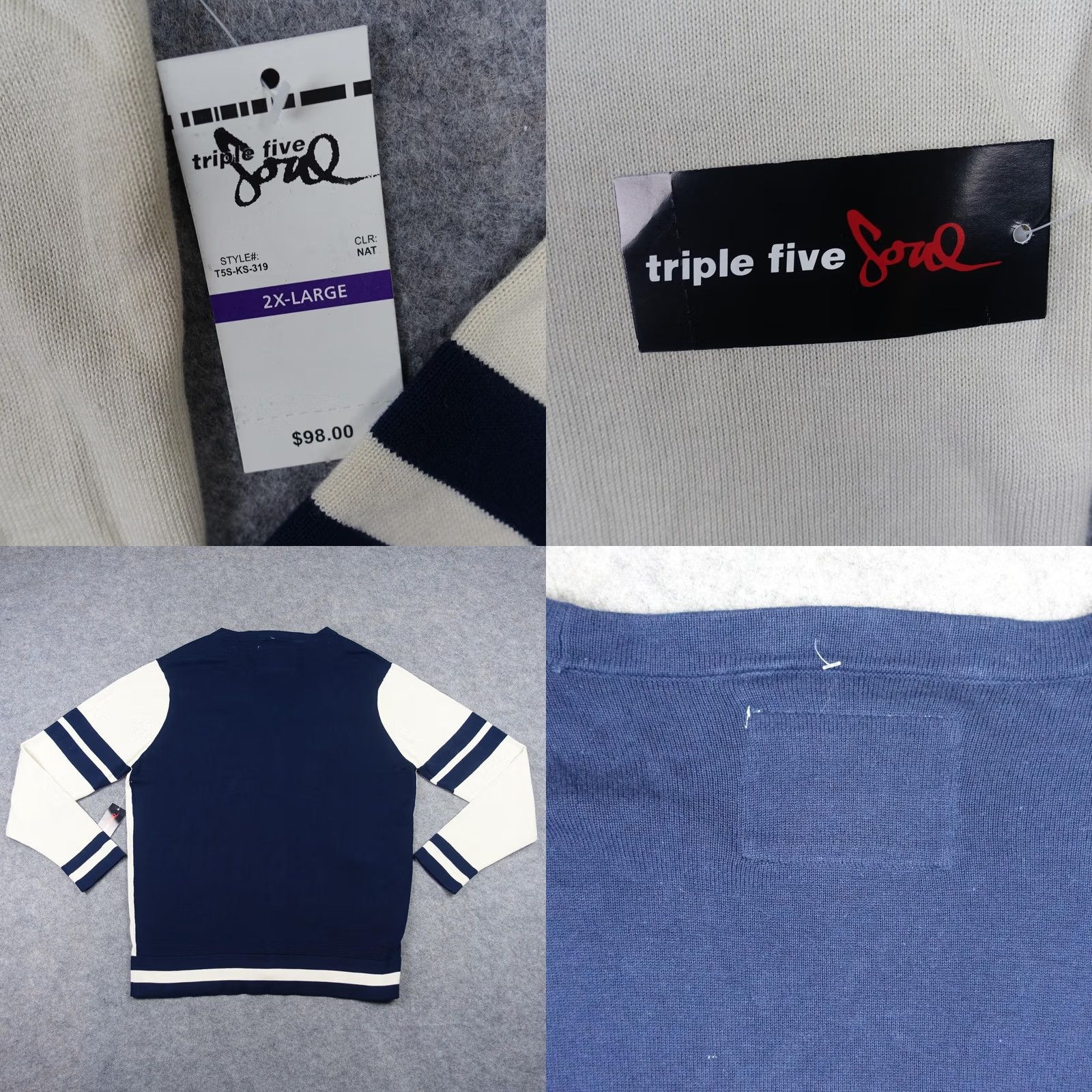 Vintage VINTAGE Triple Five Soul Cardigan Sweater Mens 2XL White Navy Striped V-Neck Pockets T5 Patch Knit Cotton White Mens Size US XXL / EU 58 / 5 - 9 Thumbnail