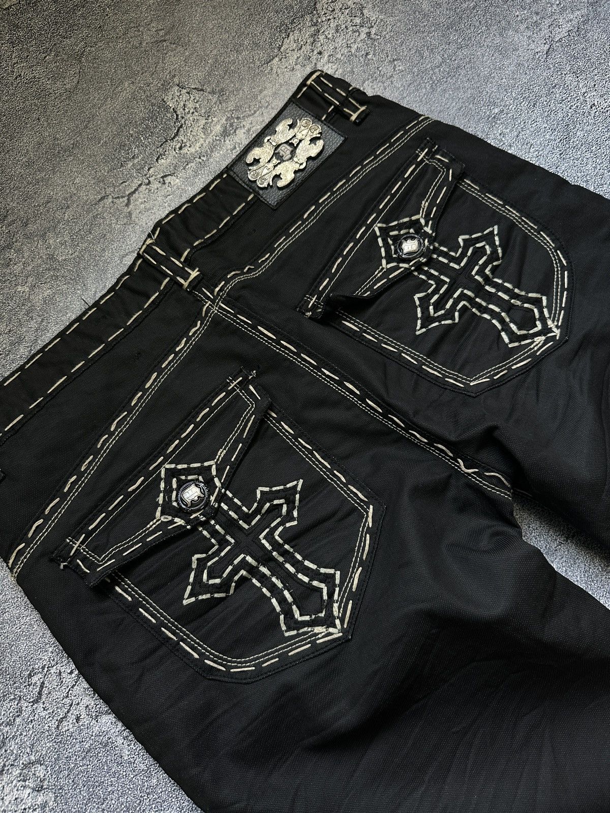 Vintage Vintage Waxed Contrast Stitch Cross Punk Denim Pants 36x32 Size US 36 / EU 52 - 3 Thumbnail