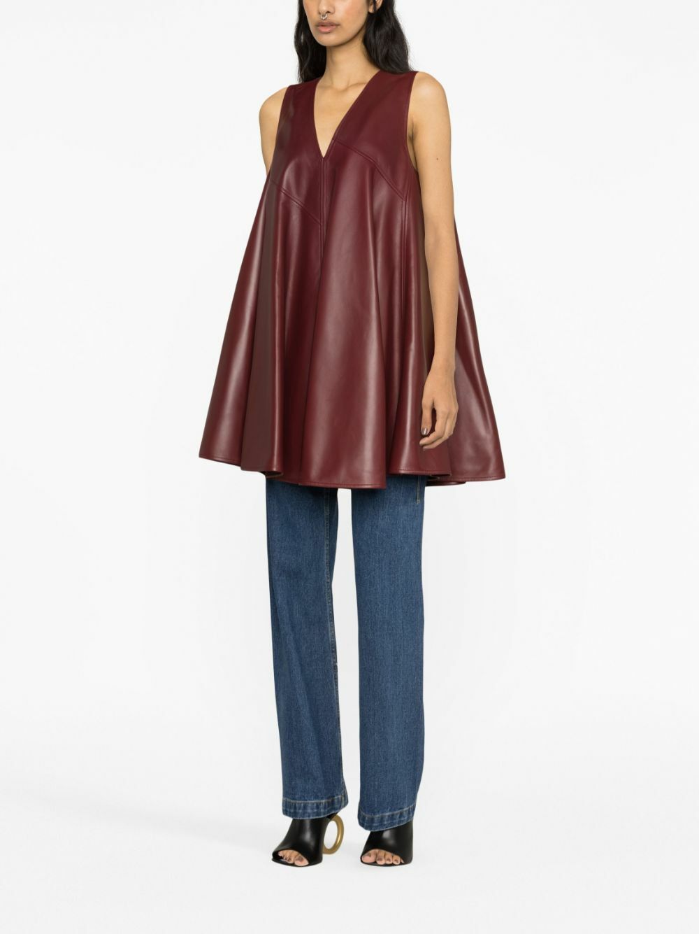 Bottega Veneta o1y0725 Leather V-neck Mini Dress in Burgundy Size XS / US 0-2 / IT 36-38 - 2 Thumbnail