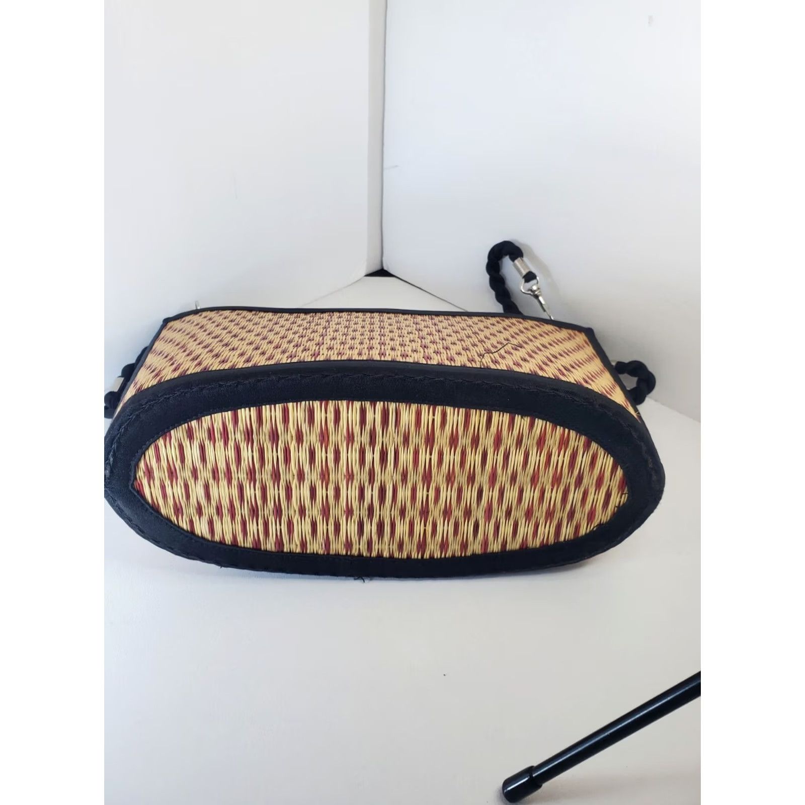 Vintage VINTAGE Handcrafted Straw Purse Kim Ang Tatami Baskets of Cambodia Handbag Small Brown & Black Zipper Shoulder Strap Women Size ONE SIZE - 4 Thumbnail