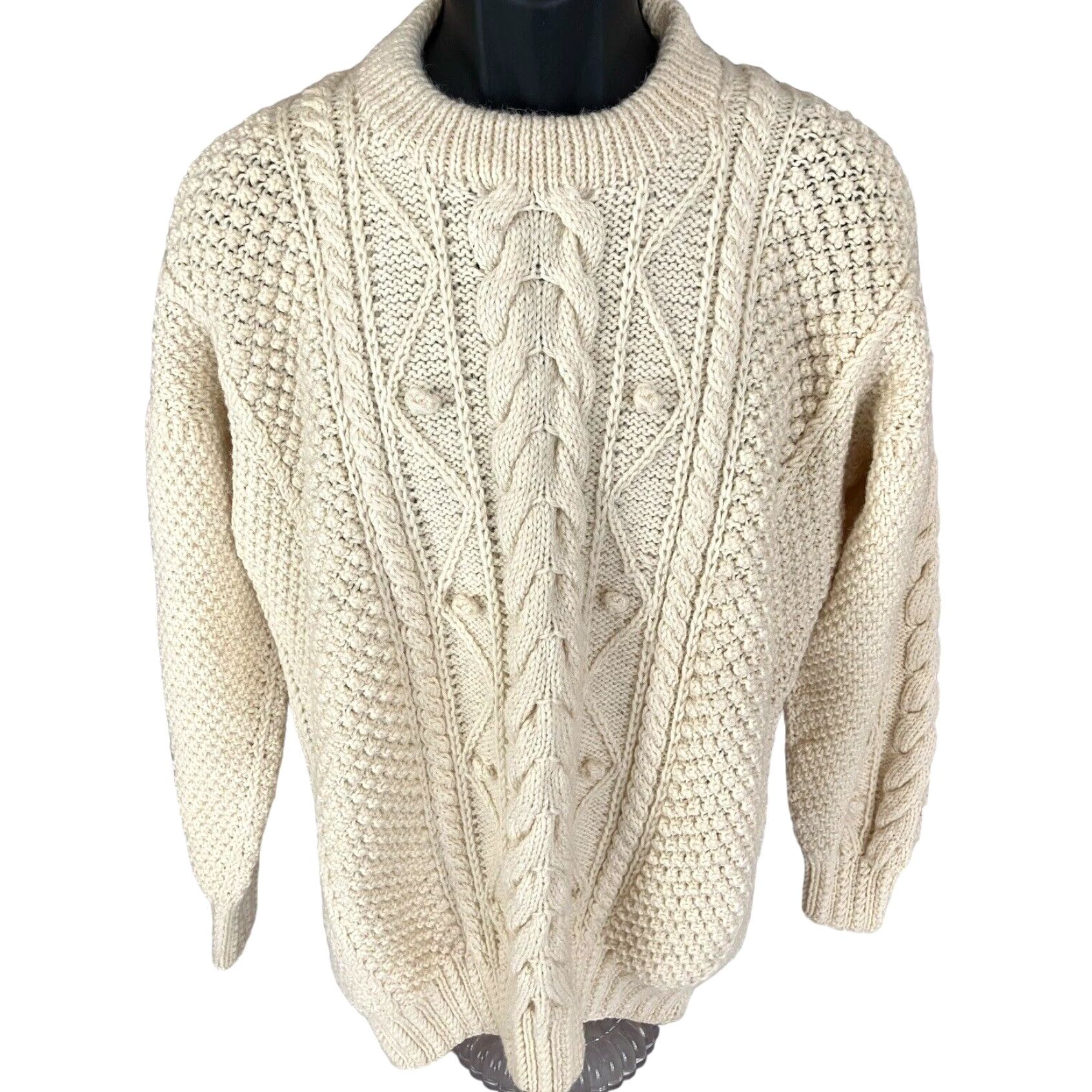 Avoca Collection Mens Sweater Fisherman Ivory Crew Chunky Wool Cable Knit L orders