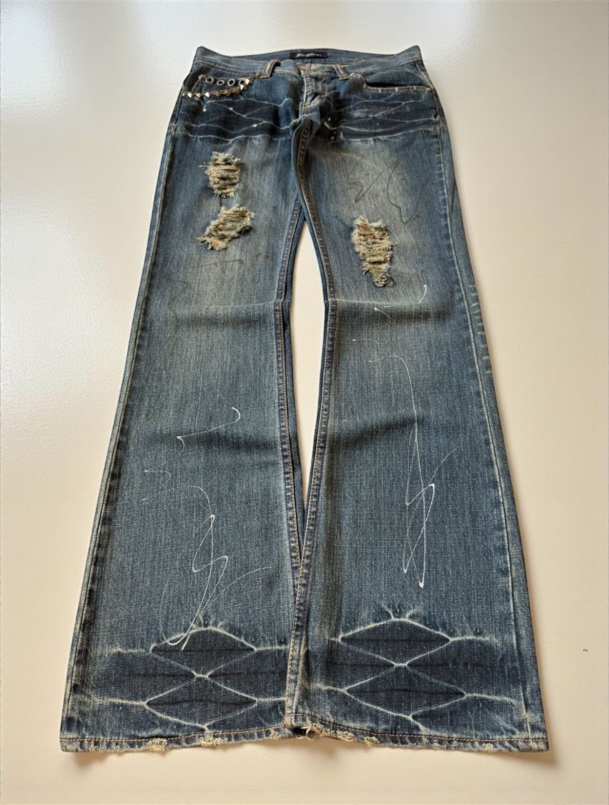 Japanese Brand Root Three Japan Studded & Pierced Rusty Wash Flared Jeans Size US 32 / EU 48 - 1 Thumbnail