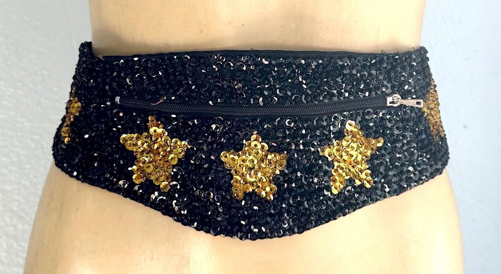 Designer Sequin Cummerbund Fashion Belt Black with Gold Stars Size ONE SIZE - 1 Thumbnail