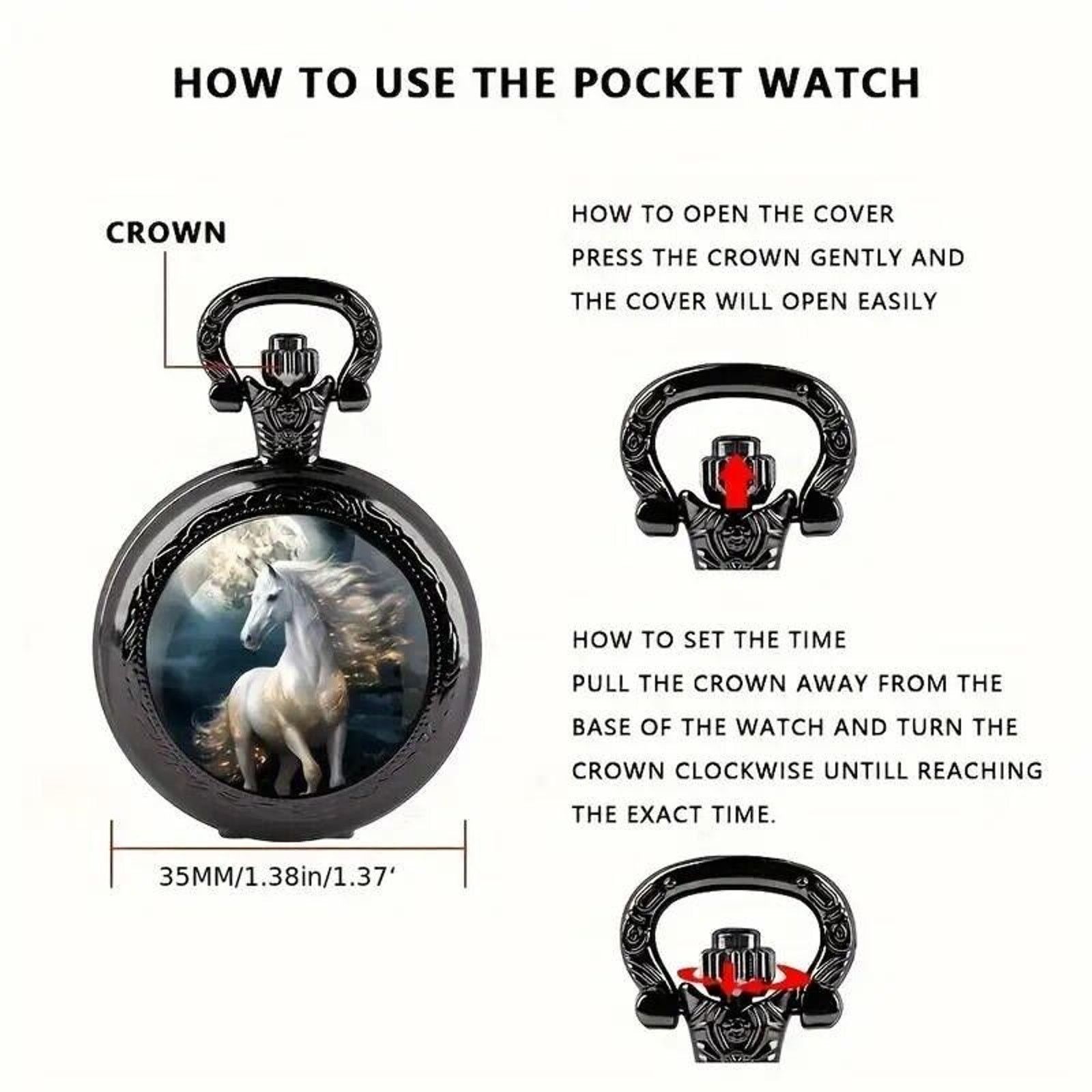 Other White Arab Horse Quartz Pocket Watch • Flowing Mane • Moon Size ONE SIZE - 7 Thumbnail
