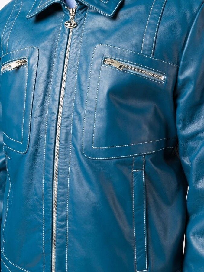 Diesel Diesel Leather Blue L-Cale Bomber Biker Moto Jacket Coat M Size US M / EU 48-50 / 2 - 9 Thumbnail