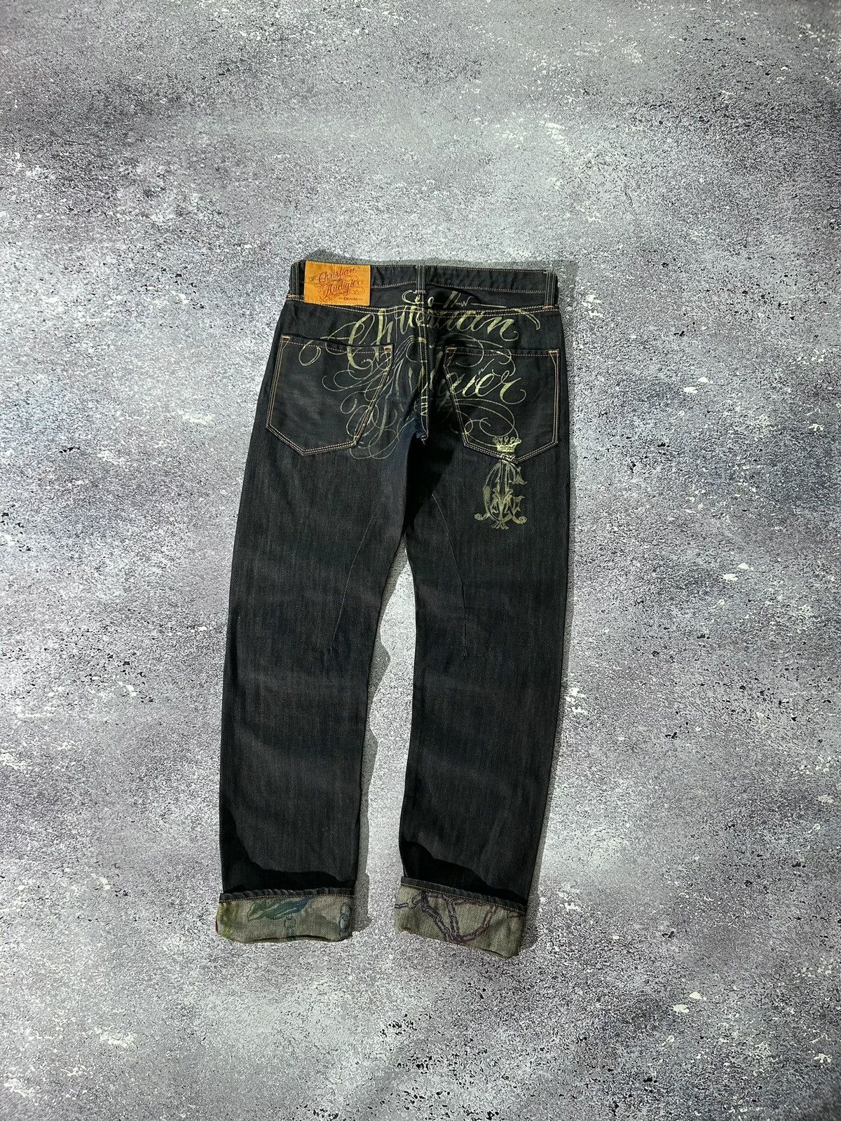 image of Y2K Ed Hardy Christian Audigier Jeans Back Print Logo Rap in Dark Blue, Men's (Size 32)