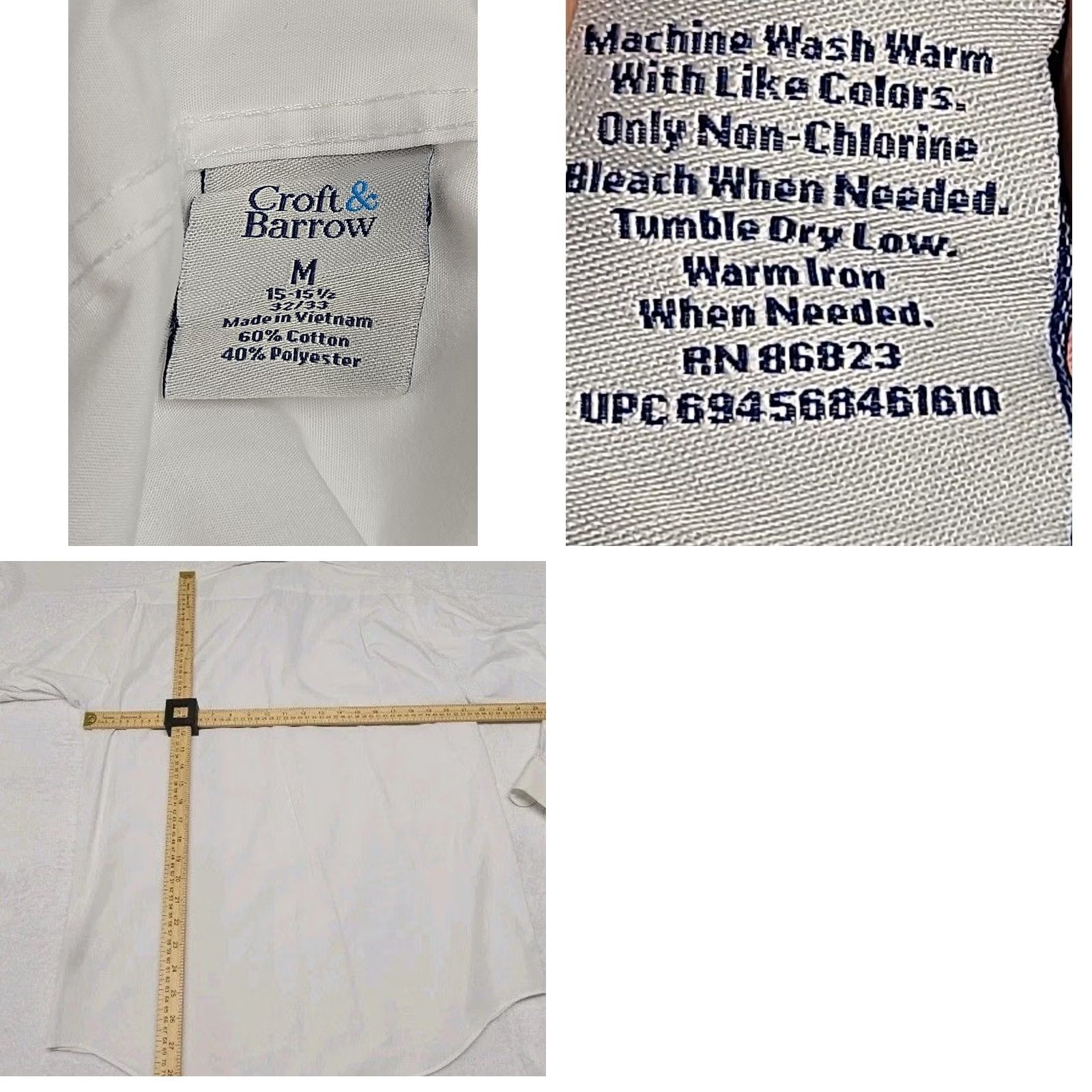 Croft & Barrow Croft & Barrow White Dress Shirt Men’s M 15-15.5 Classic Fit Button Down Shirt Regular Sleeve Long Button-Up Cotton Polyester Solid White Mens Size 40R - 8 Thumbnail