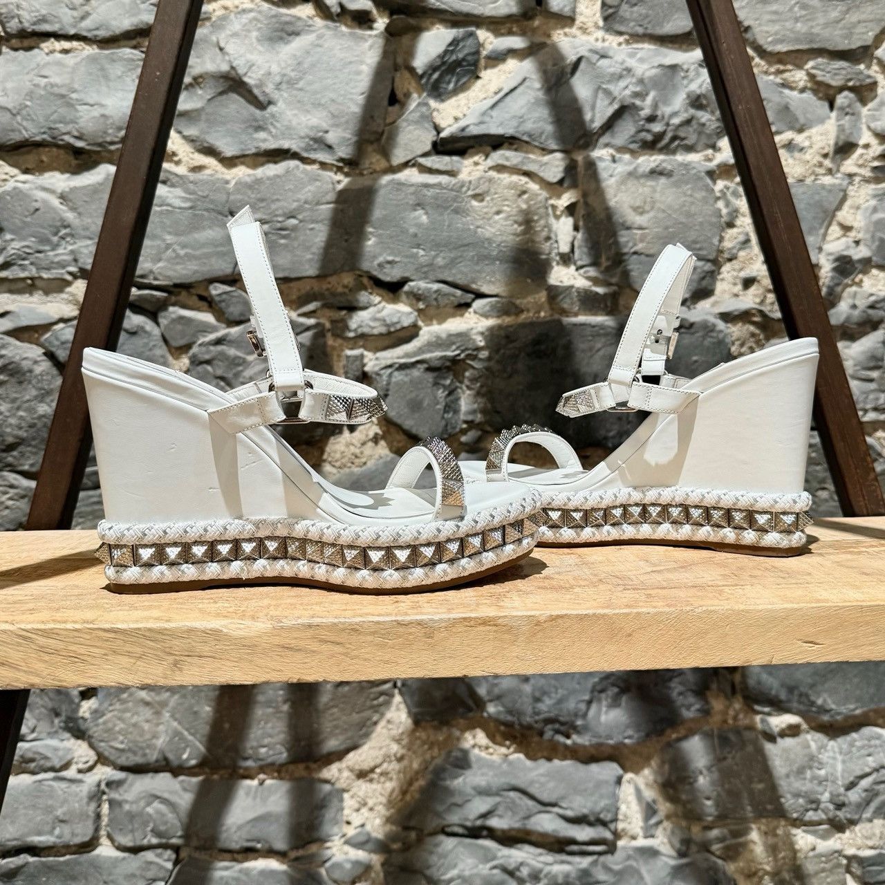 Christian Louboutin Christian Louboutin Leather Studded Pyraclou Wedge Sandals Size US 8 / IT 38 - 7 Thumbnail