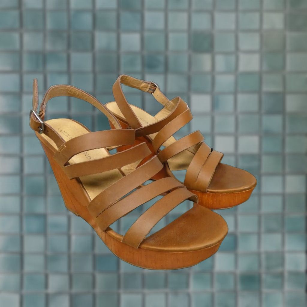 Lucky Brand Wedge Sandals Womens 9.5 Brown Leather Strappy Platform Heel Shoes