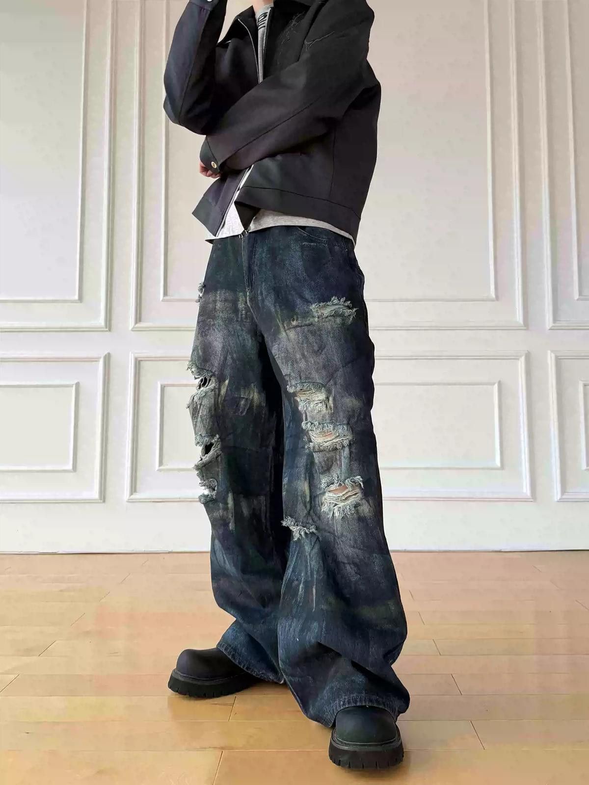 Japanese Brand Ripped Painted Baggy Wide Leg Denim Jeans Size US 30 / EU 46 - 2 Thumbnail