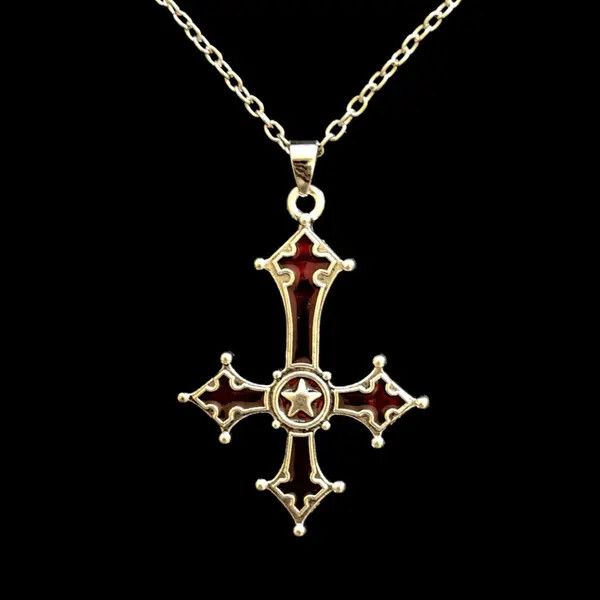Jewelry Chrome Red Silver Cross Goth God Pendant Necklace Star Demon Size ONE SIZE - 3 Thumbnail
