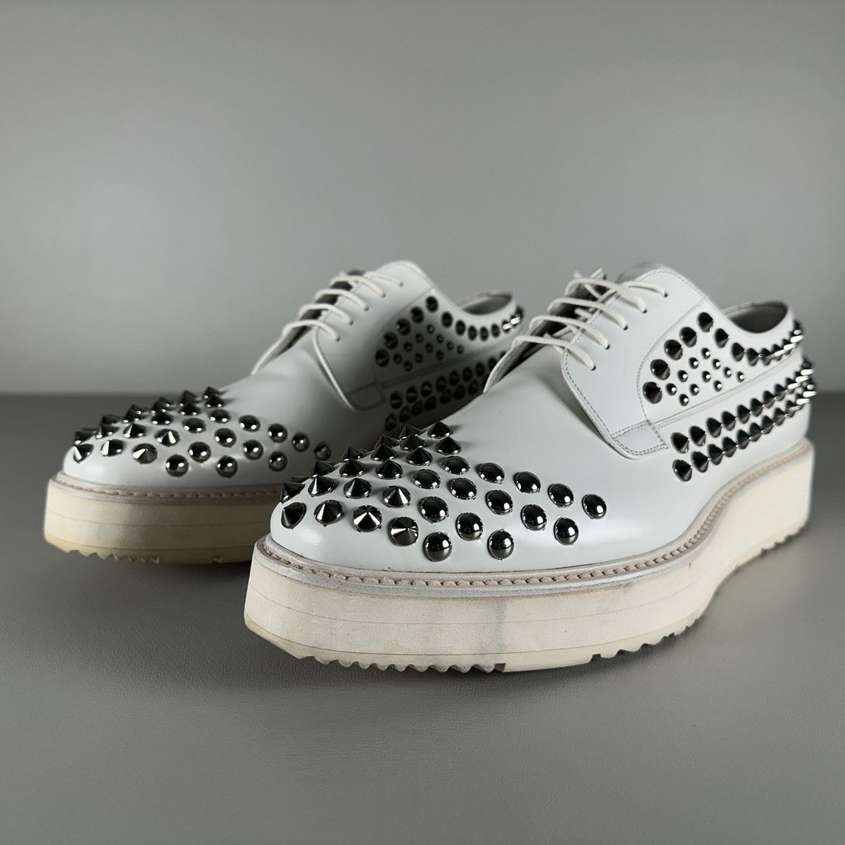 Designer × Prada Iconic PRADA White Spikes Studded Platform Oxfords Size US 11.5 / EU 44-45 - 2 Thumbnail