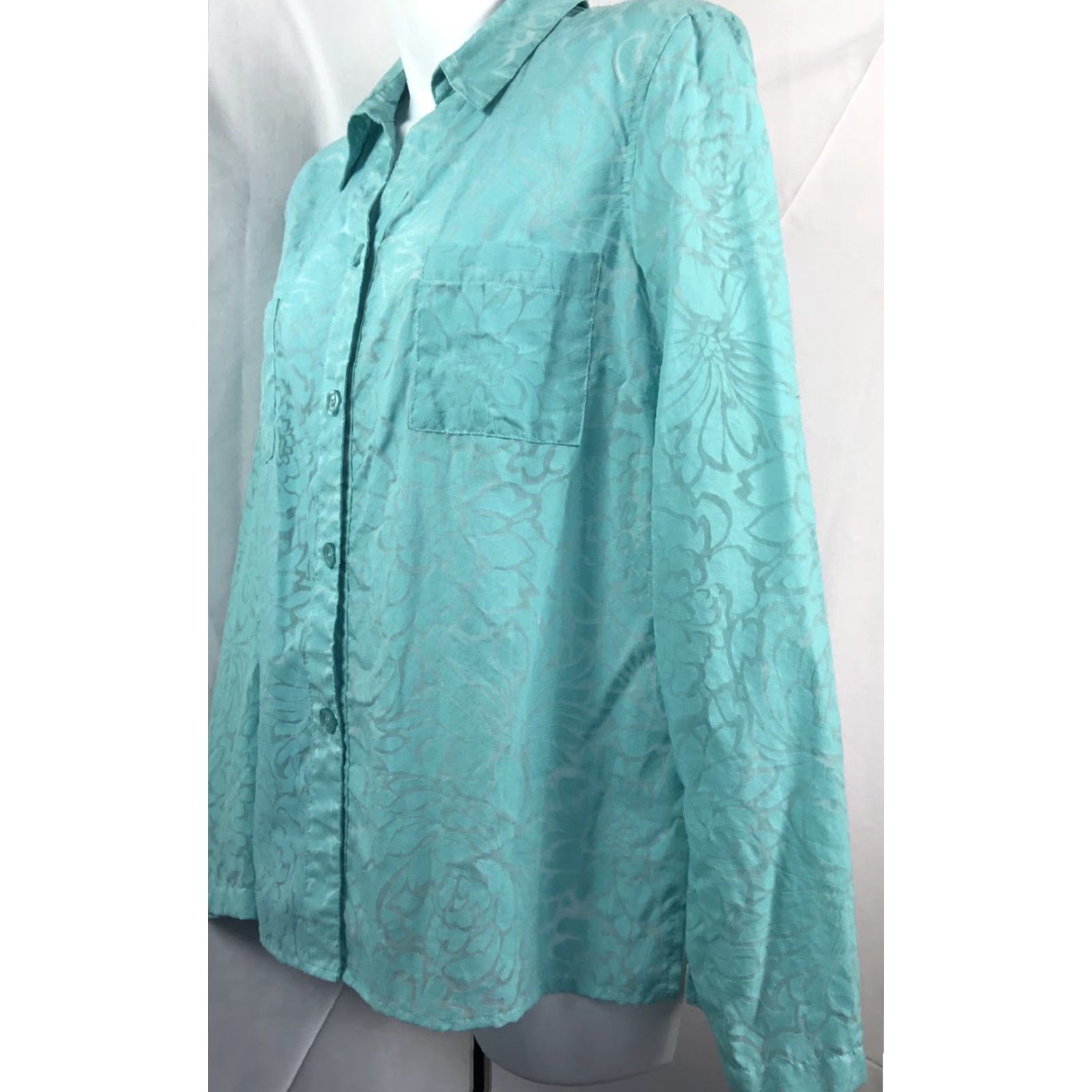 Vintage Sag Harbor Blouse Shirt Womens Large Aqua Floral Roll Tab Sleeve Collared Button Basic Beach Tropical Summer Florida Lightweight Casual Size L / US 10 / IT 46 - 3 Thumbnail