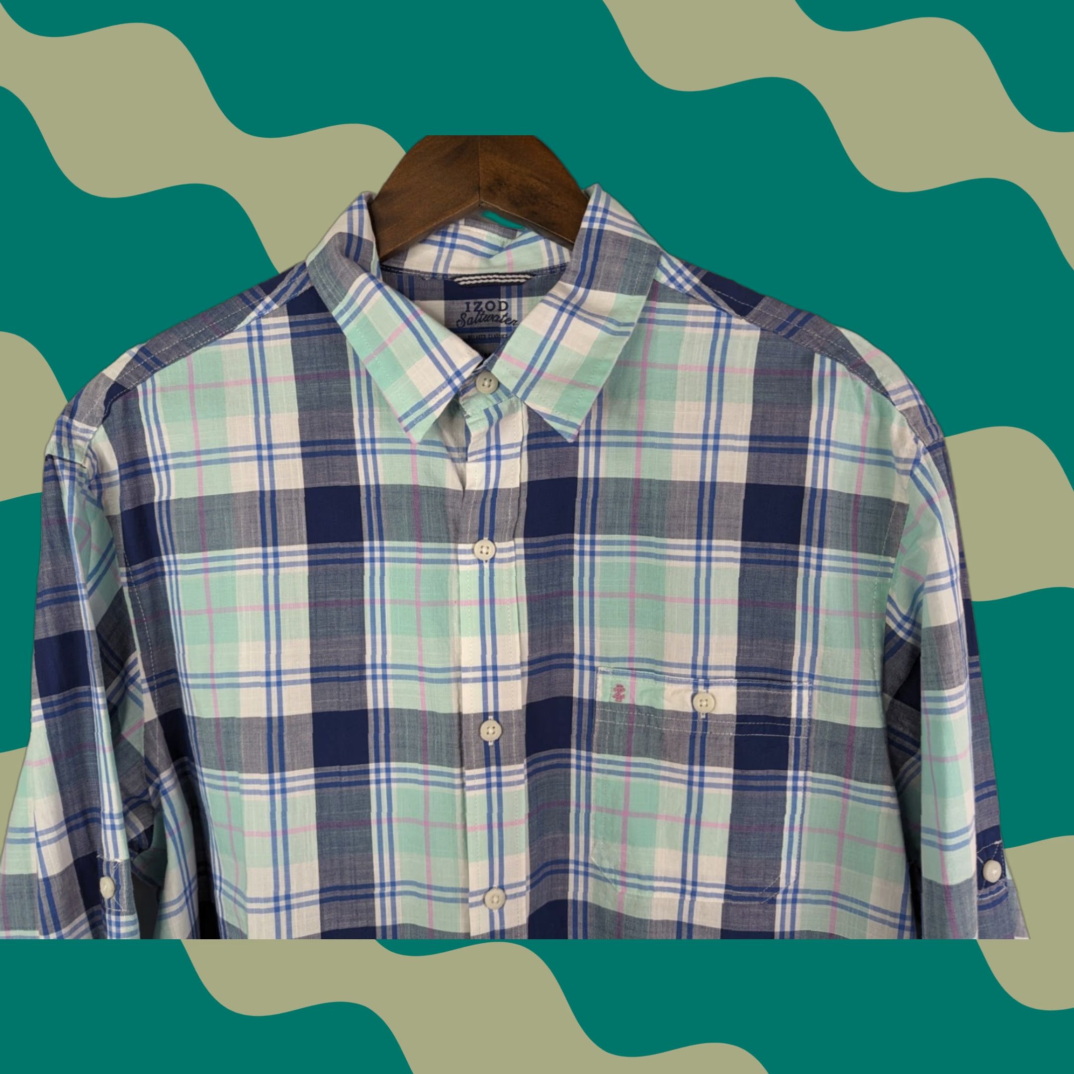 Izod IZOD Button-Up Shirt Mens M Long Sleeve Plaid Blue Pink Multicolor Classic Preppy Relaxed Casual Travel Cotton Size US M / EU 48-50 / 2 - 1 Thumbnail