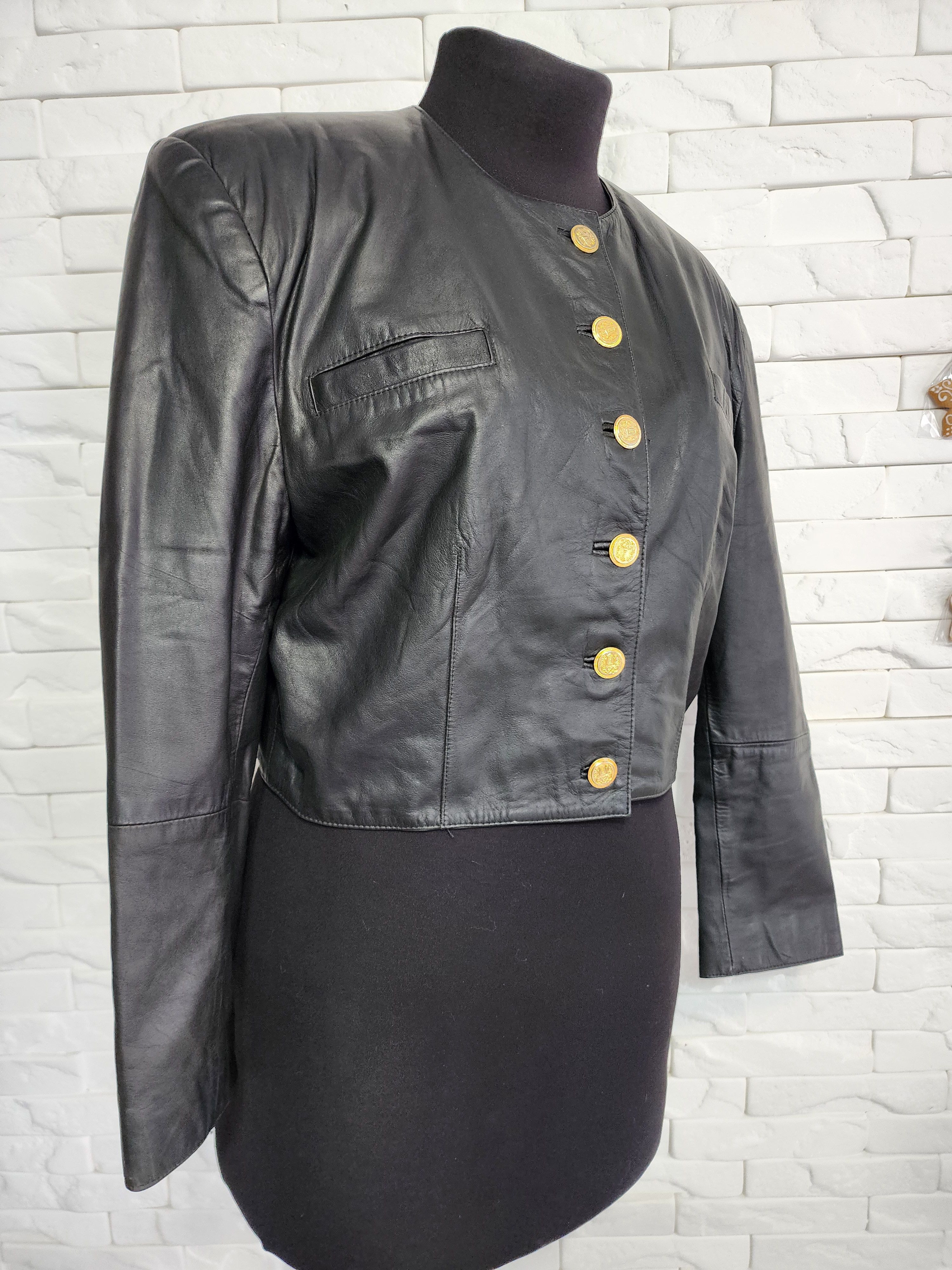 Other Black Leather Jacket: Short Button-Up Women's Coat Size L / US 10 / IT 46 - 3 Thumbnail
