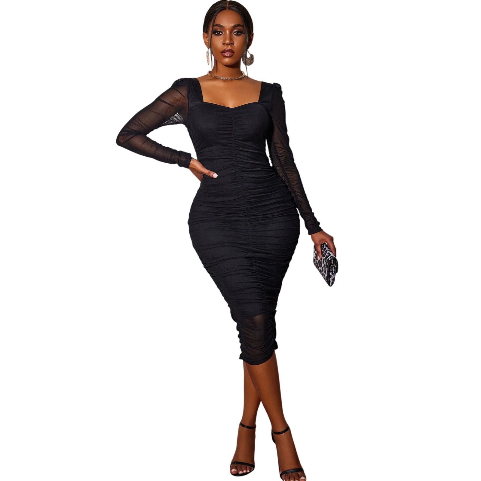 Shein Black Mesh Ruched Bodycon Midi Dress Size L / US 10 / IT 46 - 5 Thumbnail