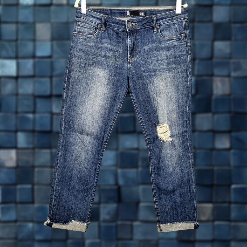 Vintage KUT from the Kloth Jeans Straight Distressed Mid Rise Blue Cotton/Spandex Size 6 Womens Pants Size 28" / US 6 / IT 42 - 1 Thumbnail