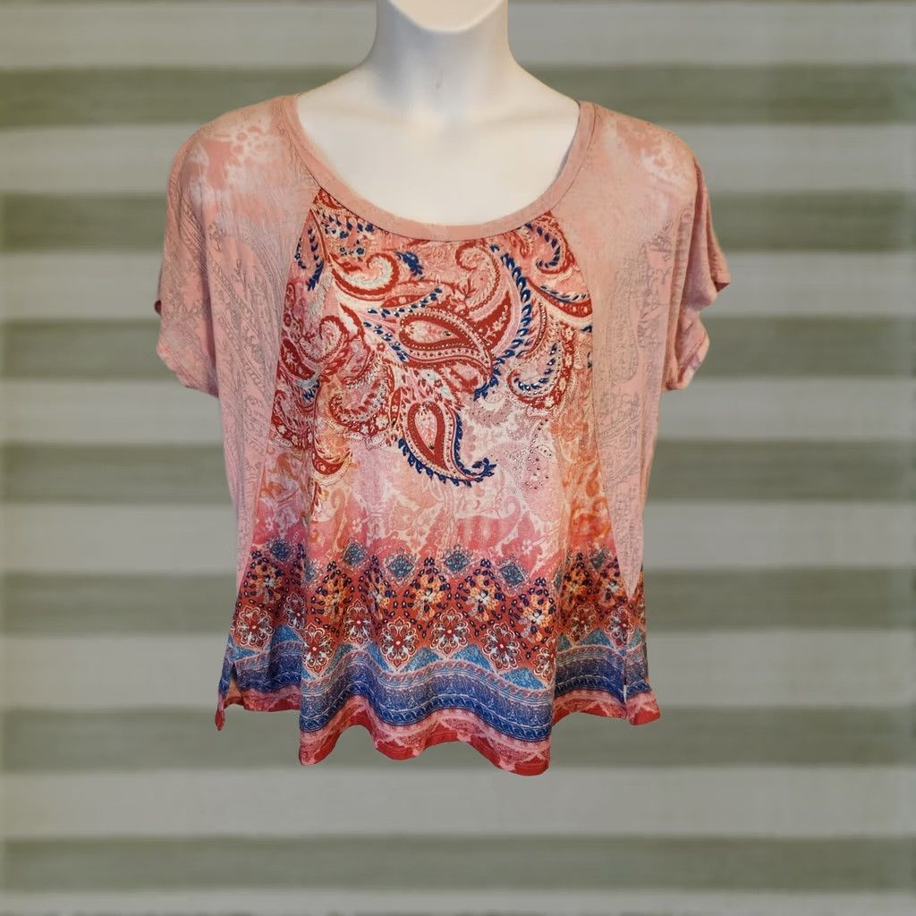 Avenue Avenue Paisley Semi Sheer Studded Casual Top Shirt 18/20 Plus Size Multicolor Short Sleeve Round Neck Size XXL / US 16-18 / IT 52-54 - 1 Thumbnail
