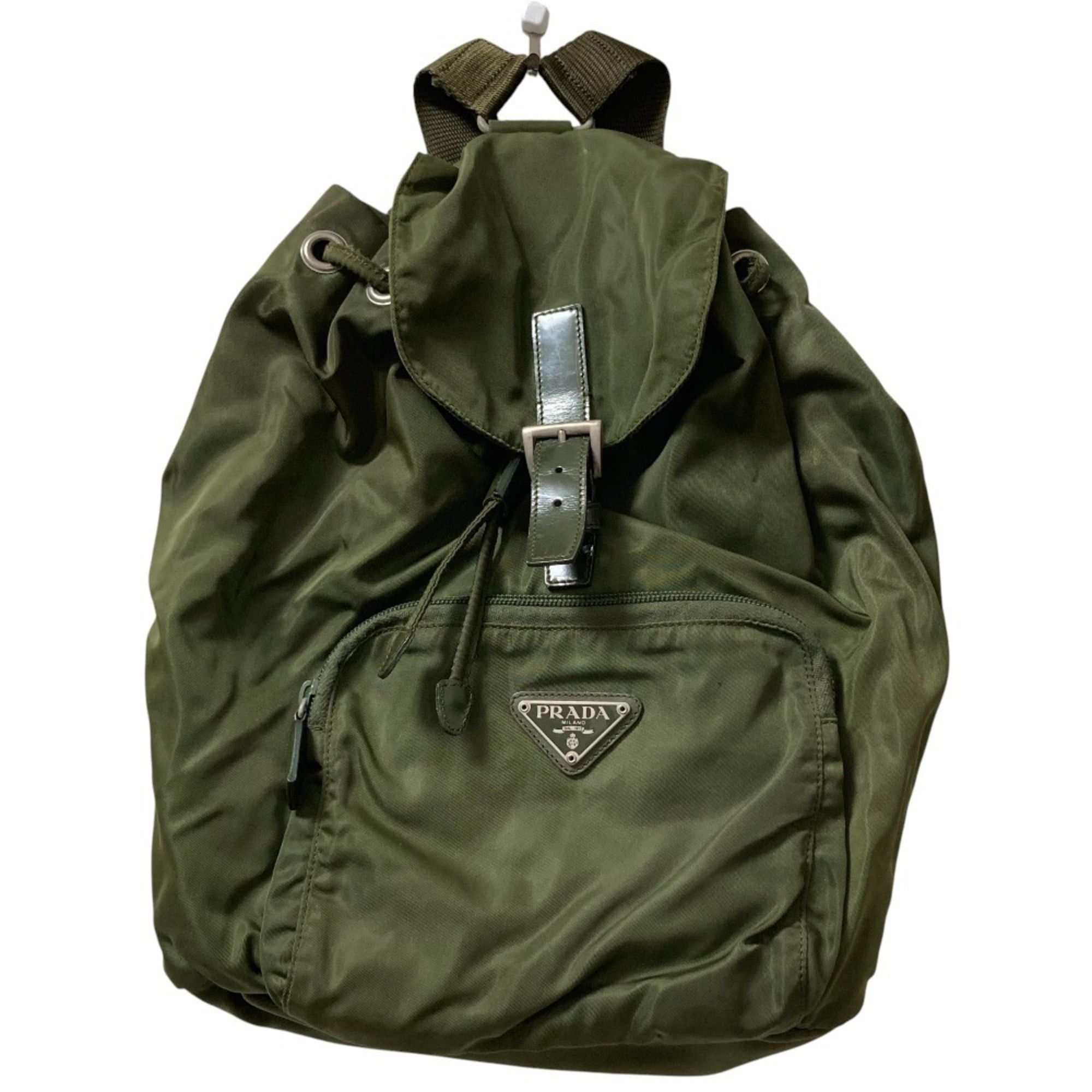 Prada Tessuto Triangle Logo Plate Khaki Silver Hardware Nylon Backpack Daypack PRADA Tessuto Nylon Backpack Khaki Triangle Logo Vintage  main image 4