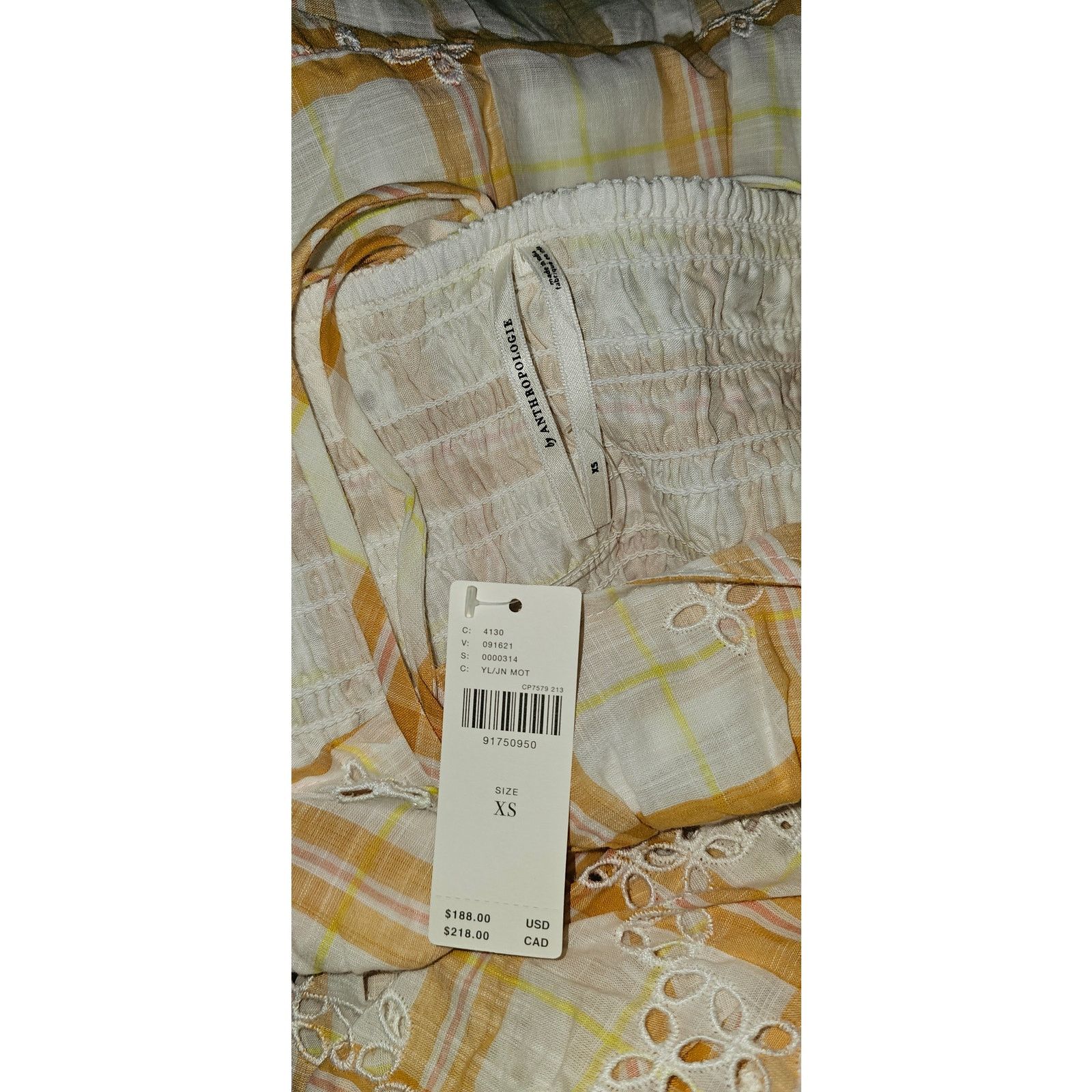 Anthropologie NWT Puff-Sleeve Eyelet Midi Dress $188 X-SMALL Yellow Plaid Size XS / US 0-2 / IT 36-38 - 5 Thumbnail