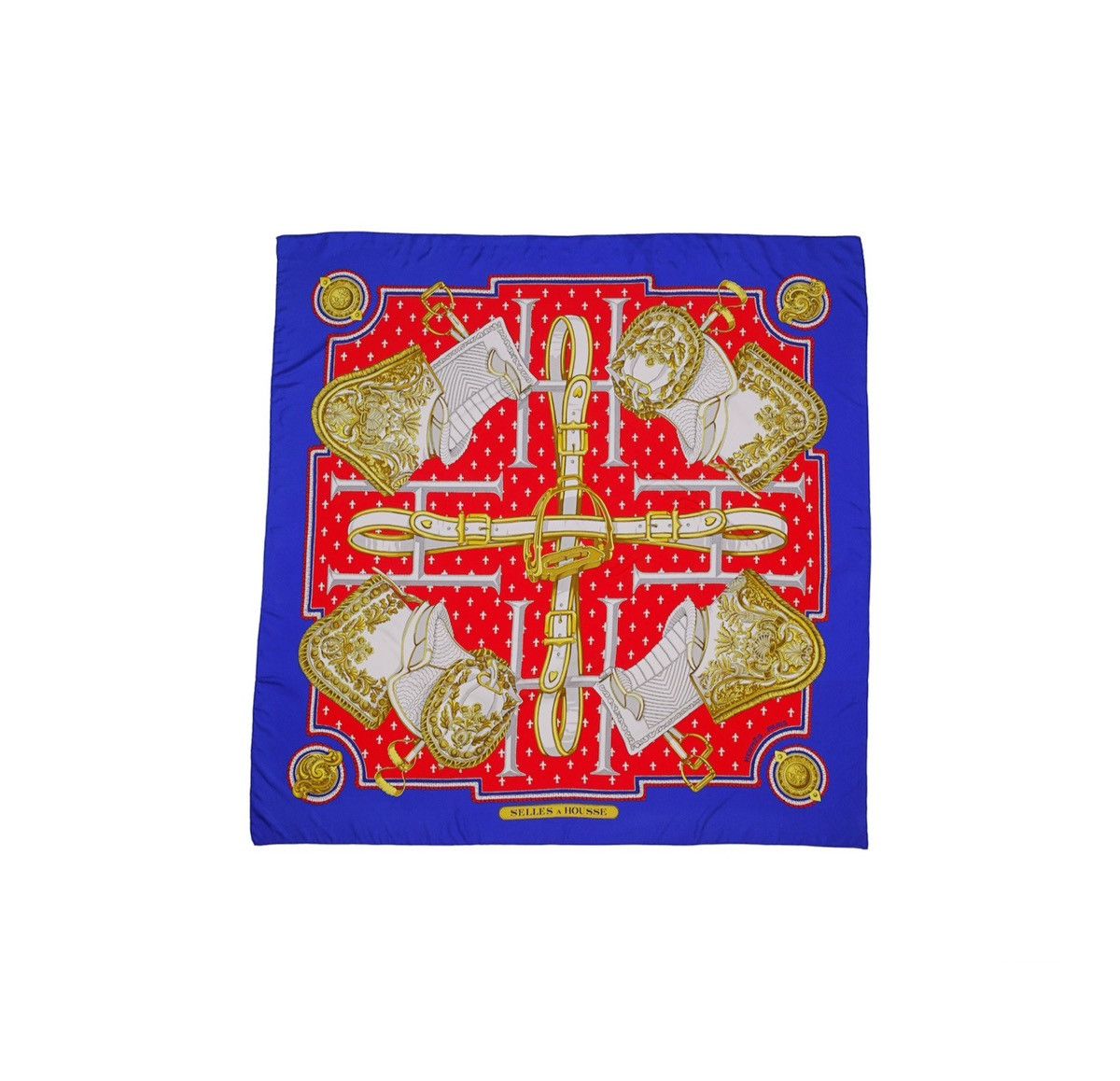 image of Hermes Carre 90 "selles A Housse" Silk Scarf Shawl in Blue Red, Women's