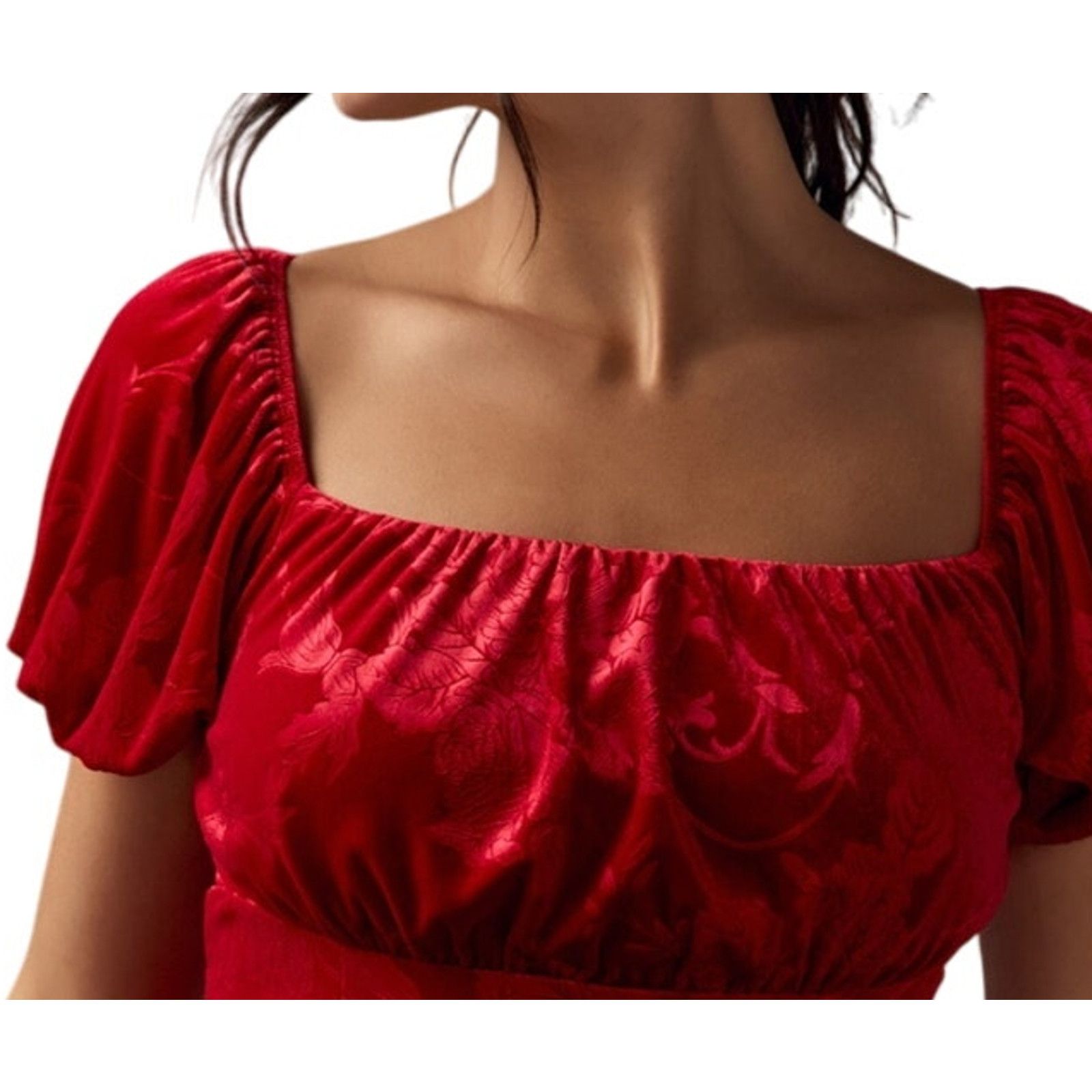 Other Francesca's Red Velvet Jacquard Short Puff Sleeve Mini Dress Size L / US 10 / IT 46 - 4 Thumbnail