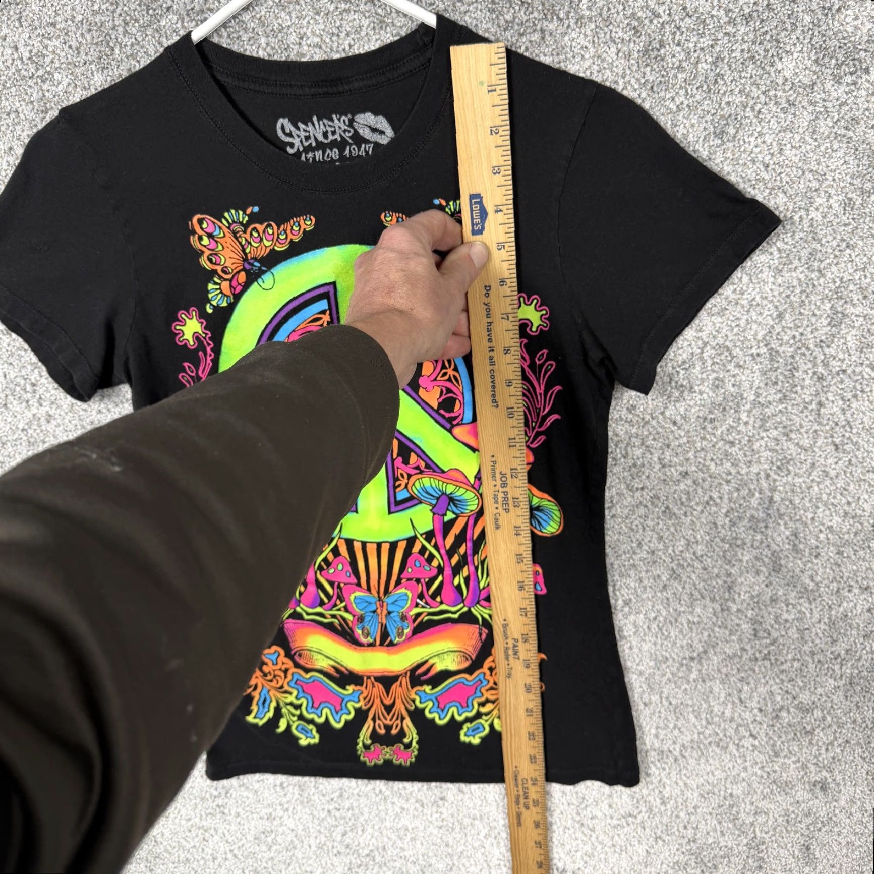 Vintage Spencers T-Shirt Juniors M Black Neon Peace Sign Psychedelic Hippie Festivalwear Size M / US 6-8 / IT 42-44 - 2 Thumbnail