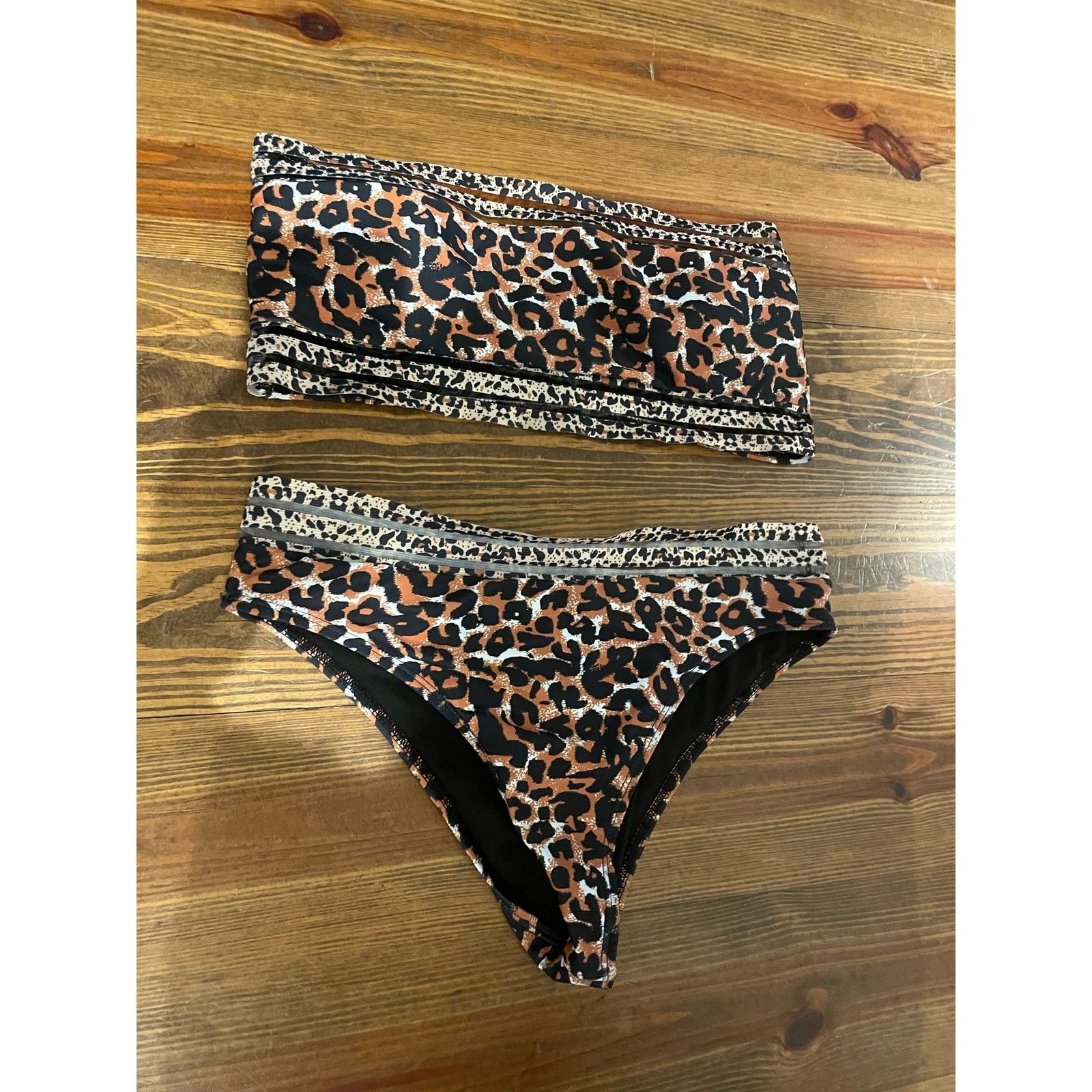 Other Cheetah Print Mesh Panel Hight Waisted Bandeau Bikini,size L Size ONE SIZE - 1 Thumbnail