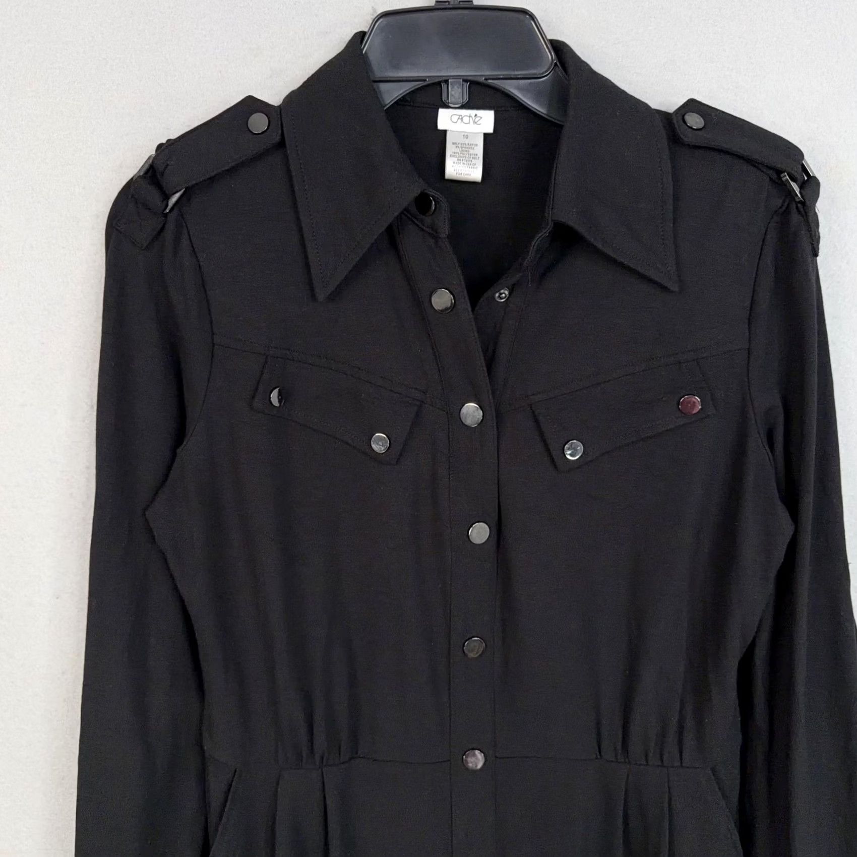 Vintage Cache Dress Womens 10 Black Shirt Collared Snap Front Pockets Stretch Workwear Size L / US 10 / IT 46 - 2 Thumbnail