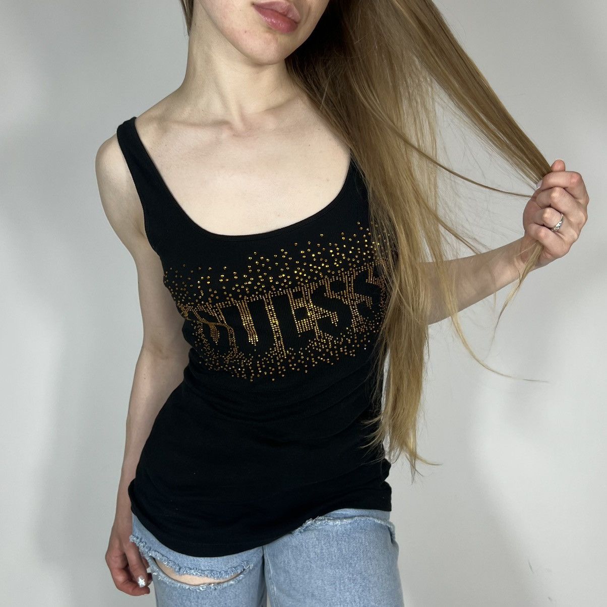 Guess Vintage Y2K GUESS Rhinestones Logo Sexy Retro Style Tank Top Size L / US 10 / IT 46 - 1 Thumbnail
