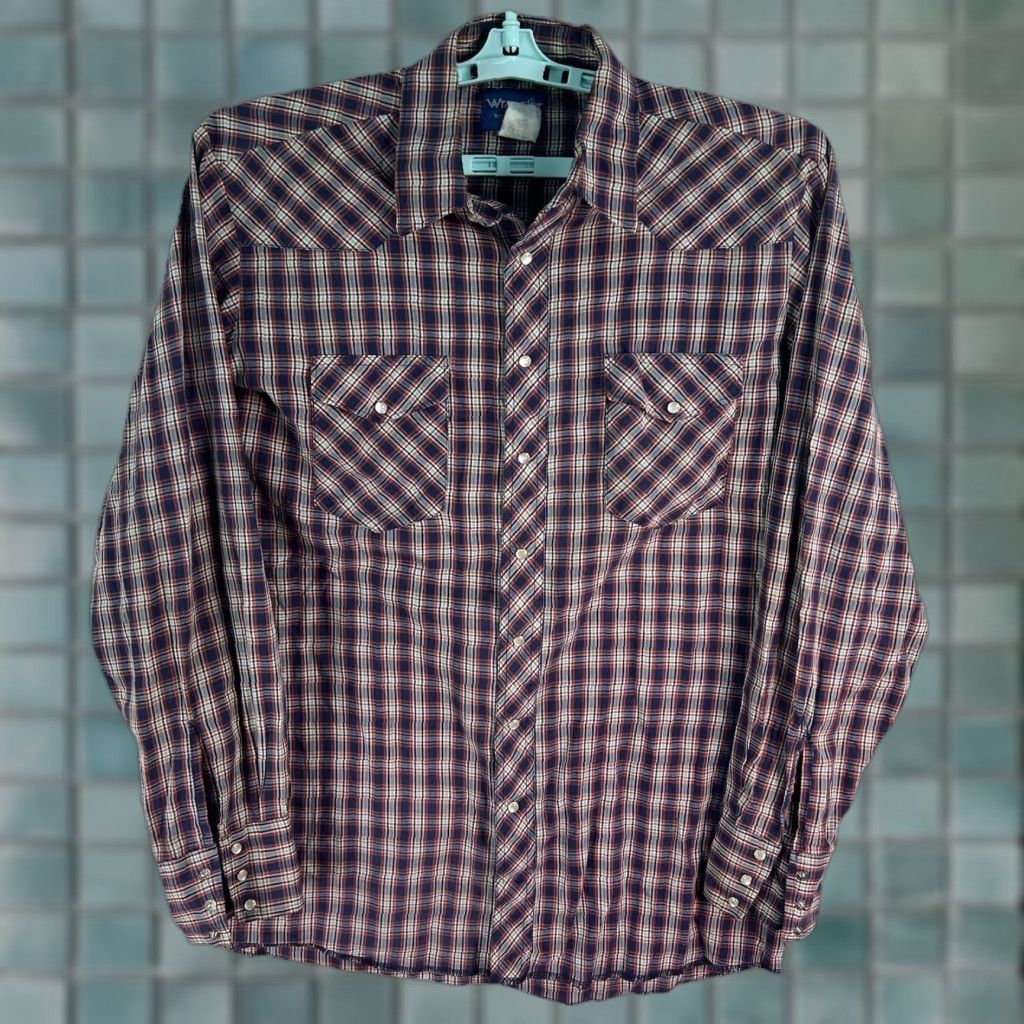Wrangler VINTAGE Wrangler Shirt Mens LT Blue Plaid Western Cowboy Rodeo Pearl Snap Button Size US L / EU 52-54 / 3 - 1 Thumbnail