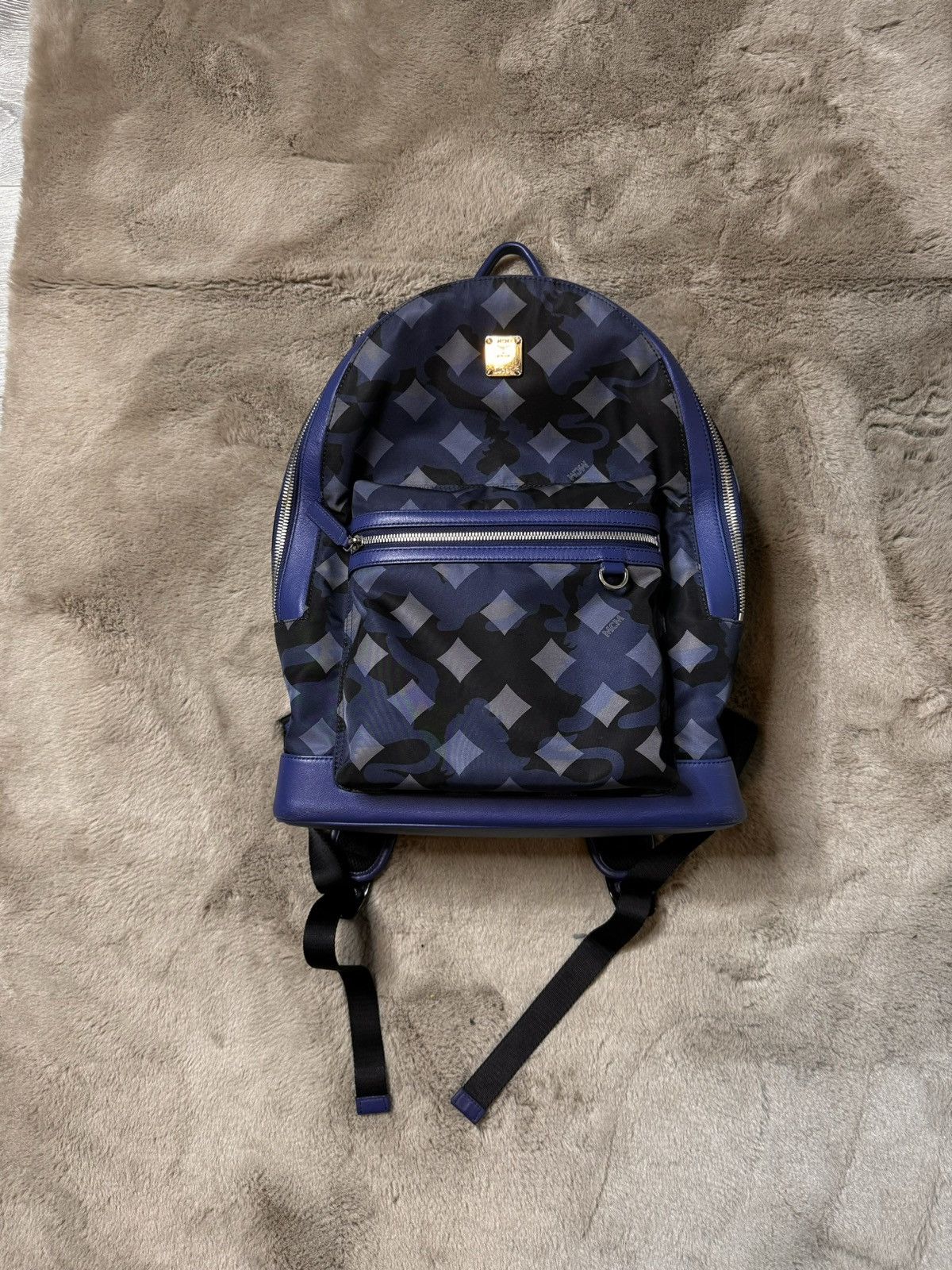 image of MCM Blue Dieter Backpack In Munich Lion Camo in Navy, Men's