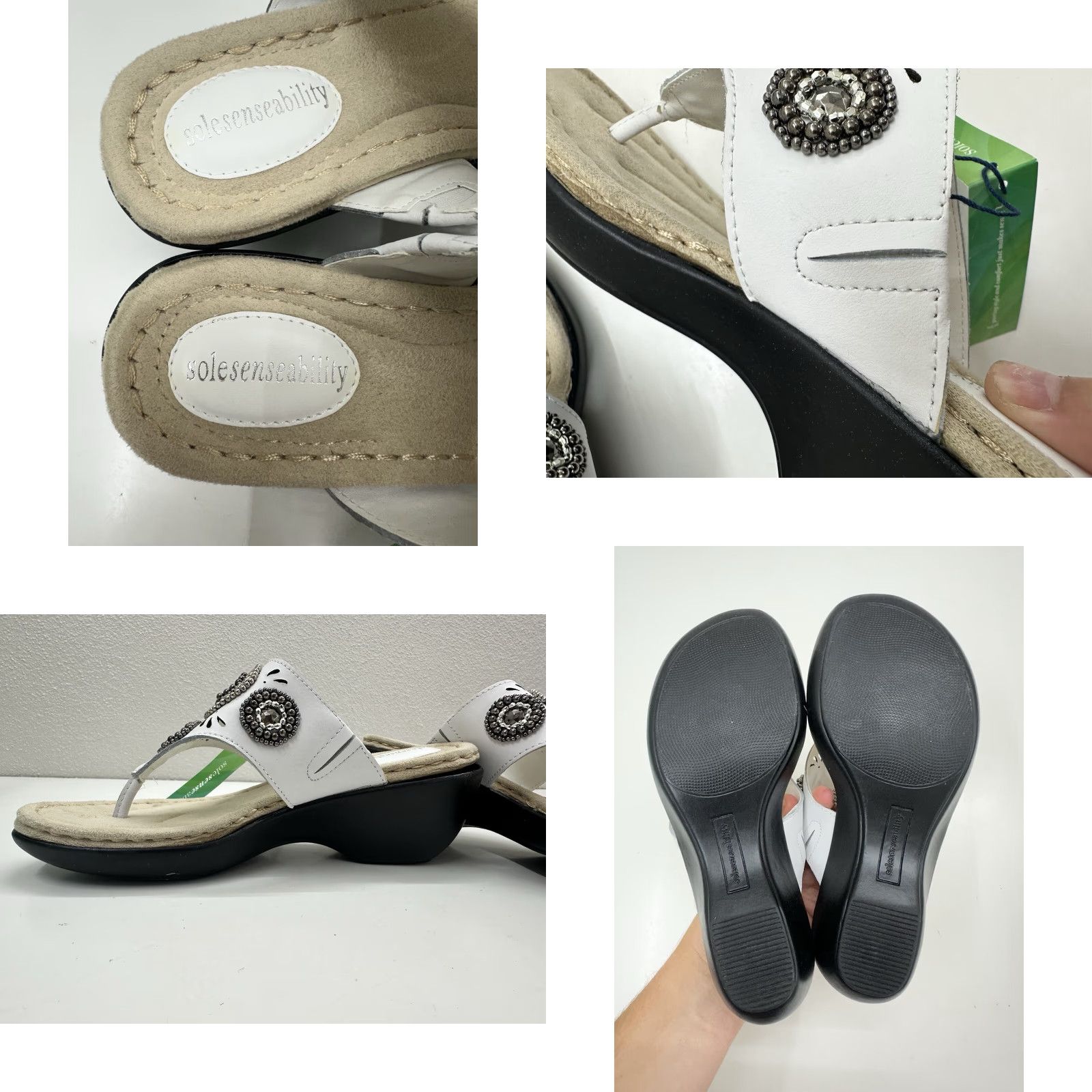Vintage Solesenseability Womens Sandals Thong Slip-On Leather Beaded White 6.5 Casual Bohemian Shoes Womens In White Sandals Size US 7 / IT 37 - 8 Thumbnail