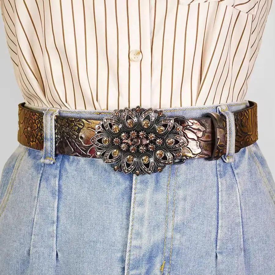 Japanese Brand 110 cm Rhinestone Inlaid Belt with Leaf Pattern Printed Belt Size 32 - 2 Thumbnail