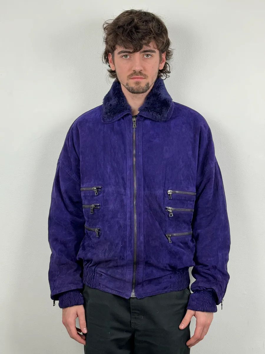 Vintage 1990s Gianni Versace Purple Multi Zips Fur Collar Bomber Jacket Size US L / EU 52-54 / 3 - 2 Thumbnail