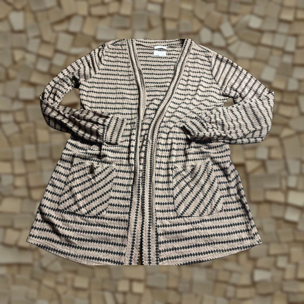 Vintage Blue Pepper Cardigan Sweater Women's M Tan Black Long Sleeve Patch Pocket Open Neckline Knit 90s Modern Mens Womens Size M / US 6-8 / IT 42-44 - 1 Thumbnail