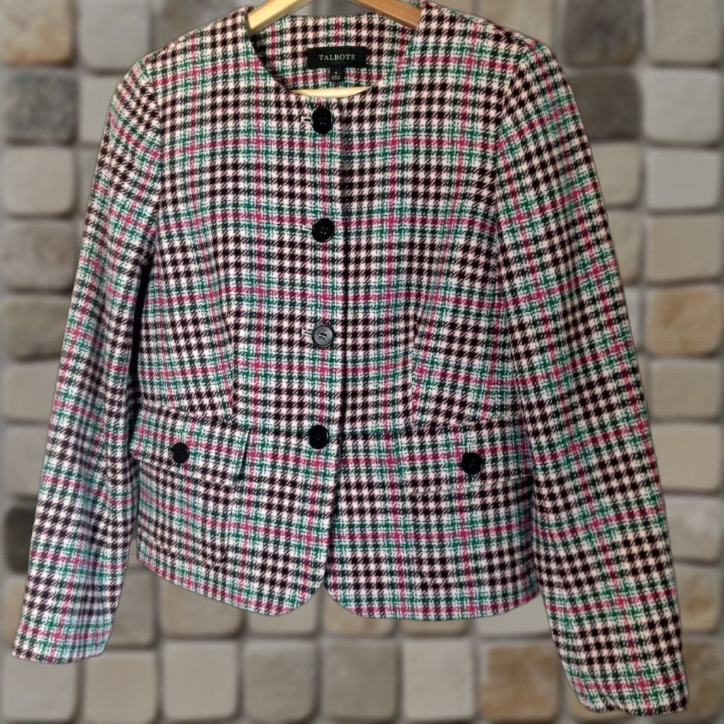 Talbots Talbots Blazer Women Size 4 Wool Blend Plaid Cream Pink Green Black Multicolor Short Jacket, Four-Button, Single-Breasted, Professional, Women Size S / US 4 / IT 40 - 1 Thumbnail