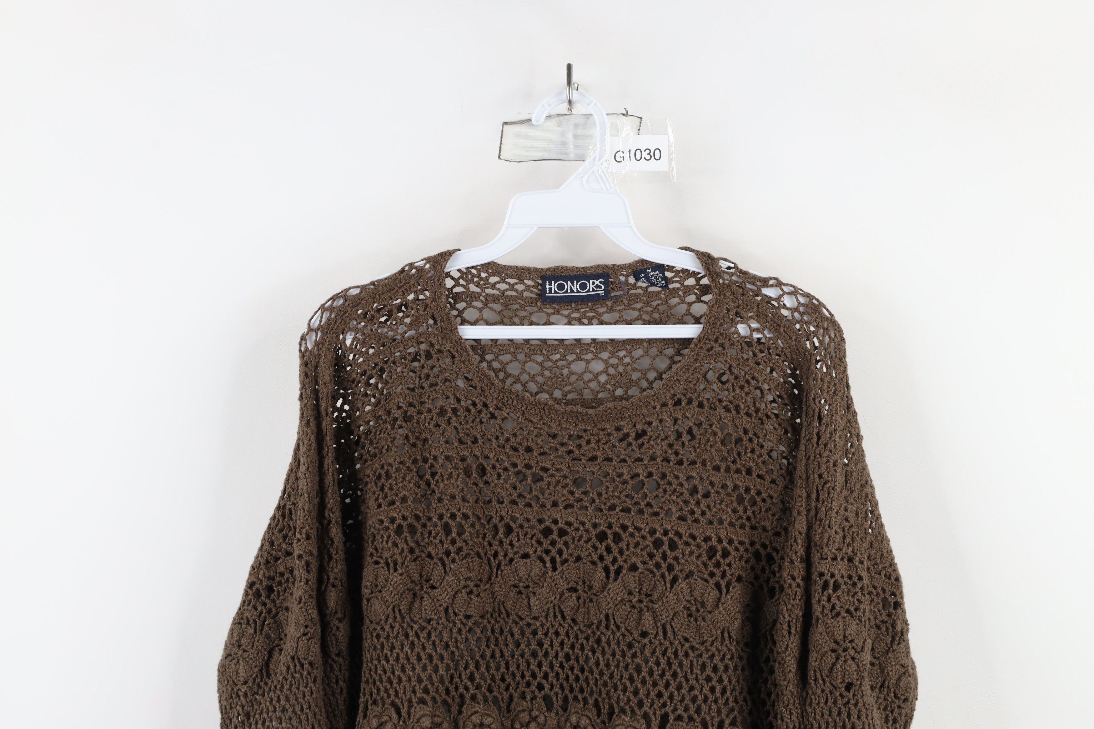 Vintage Vintage 90s Y2K Babydoll Crochet Knit Flower Sweater Brown Size M / US 6-8 / IT 42-44 - 2 Thumbnail