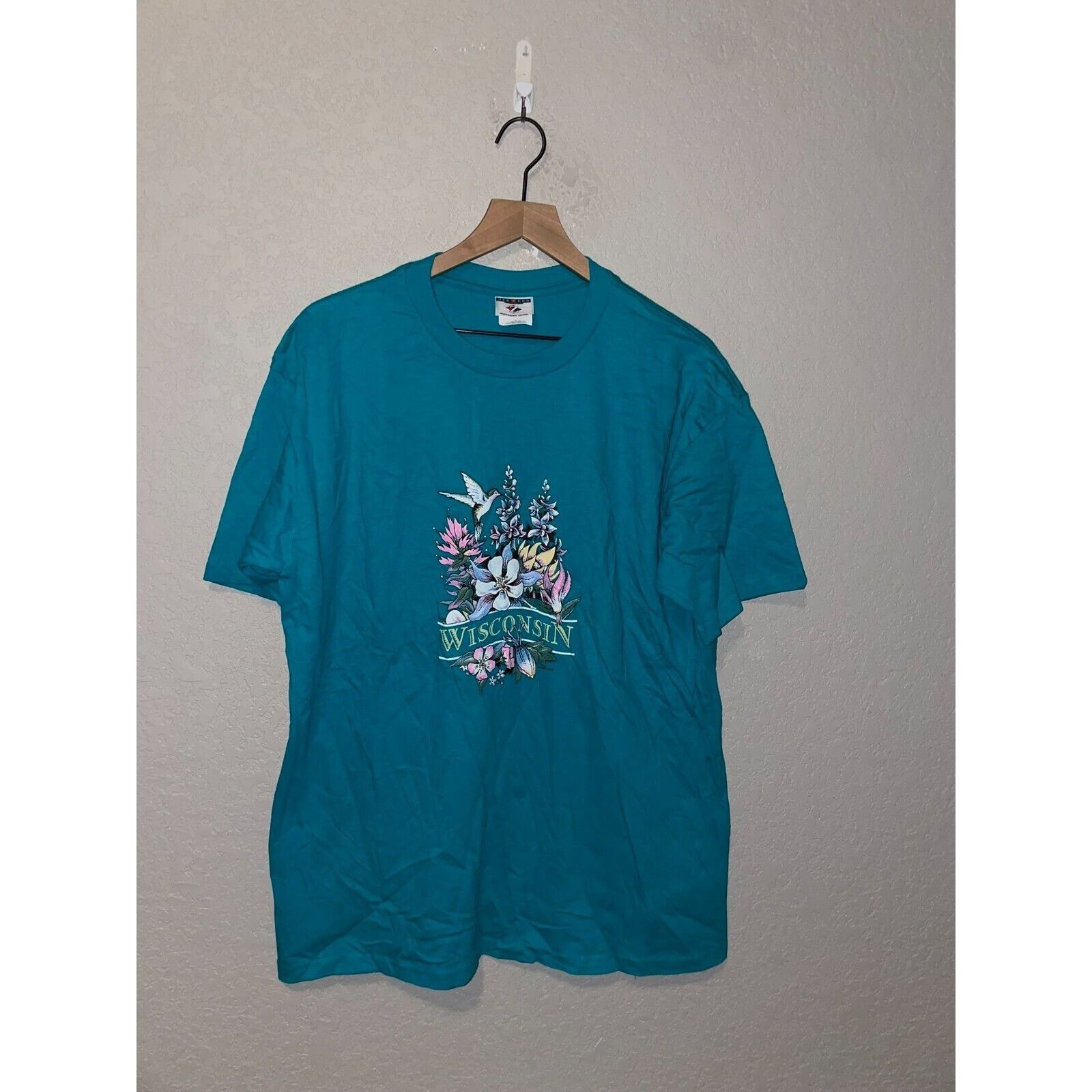 Jerzees Vintage Wisconsin Flower Shirt Teal Tee VTG 90s 1998 Large Size US XL / EU 56 / 4 - 1 Thumbnail