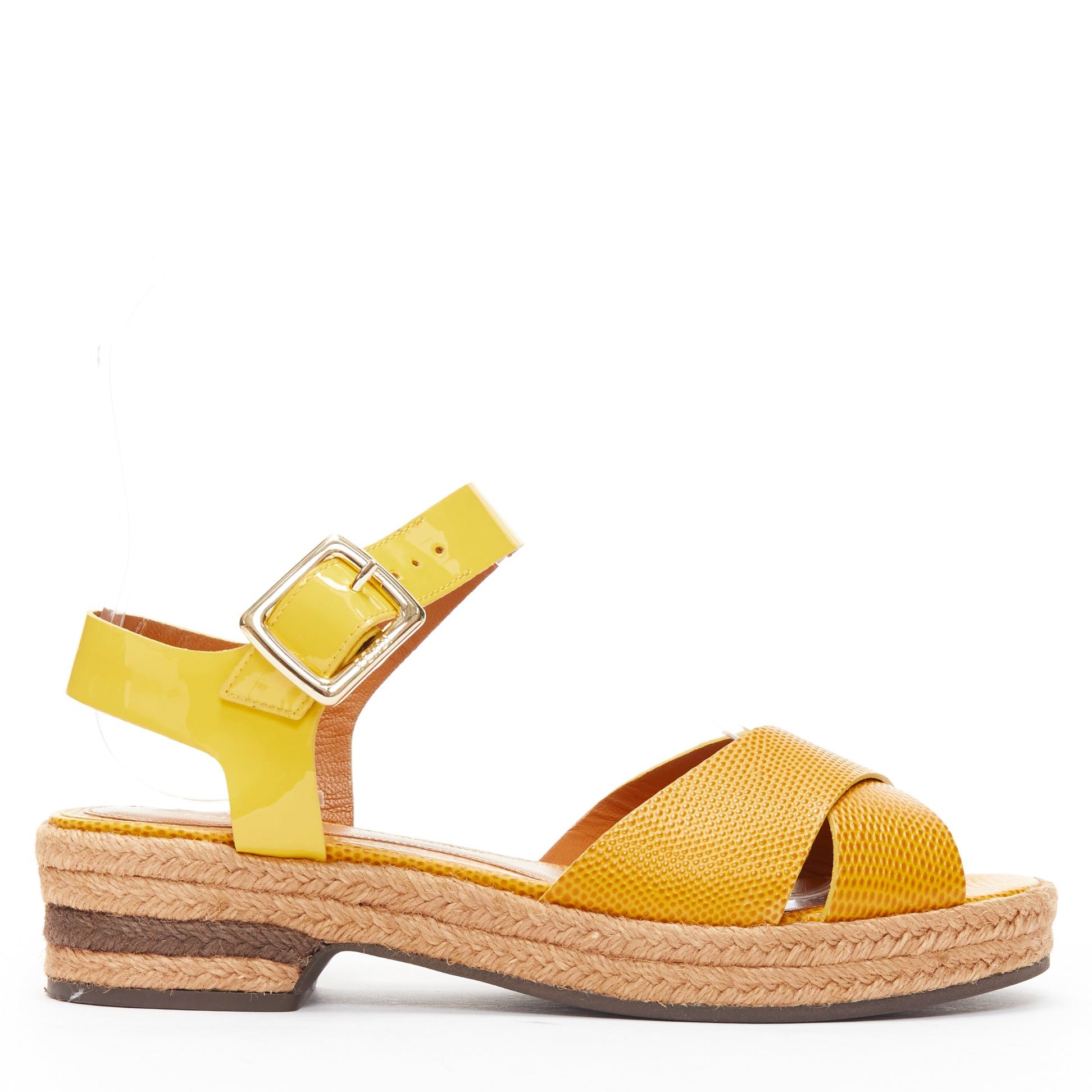 Fendi FENDI yellow embossed leather cross strap patent ankle strap jute sandal EU36.5 Size US 6.5 / IT 36.5 - 1 Thumbnail
